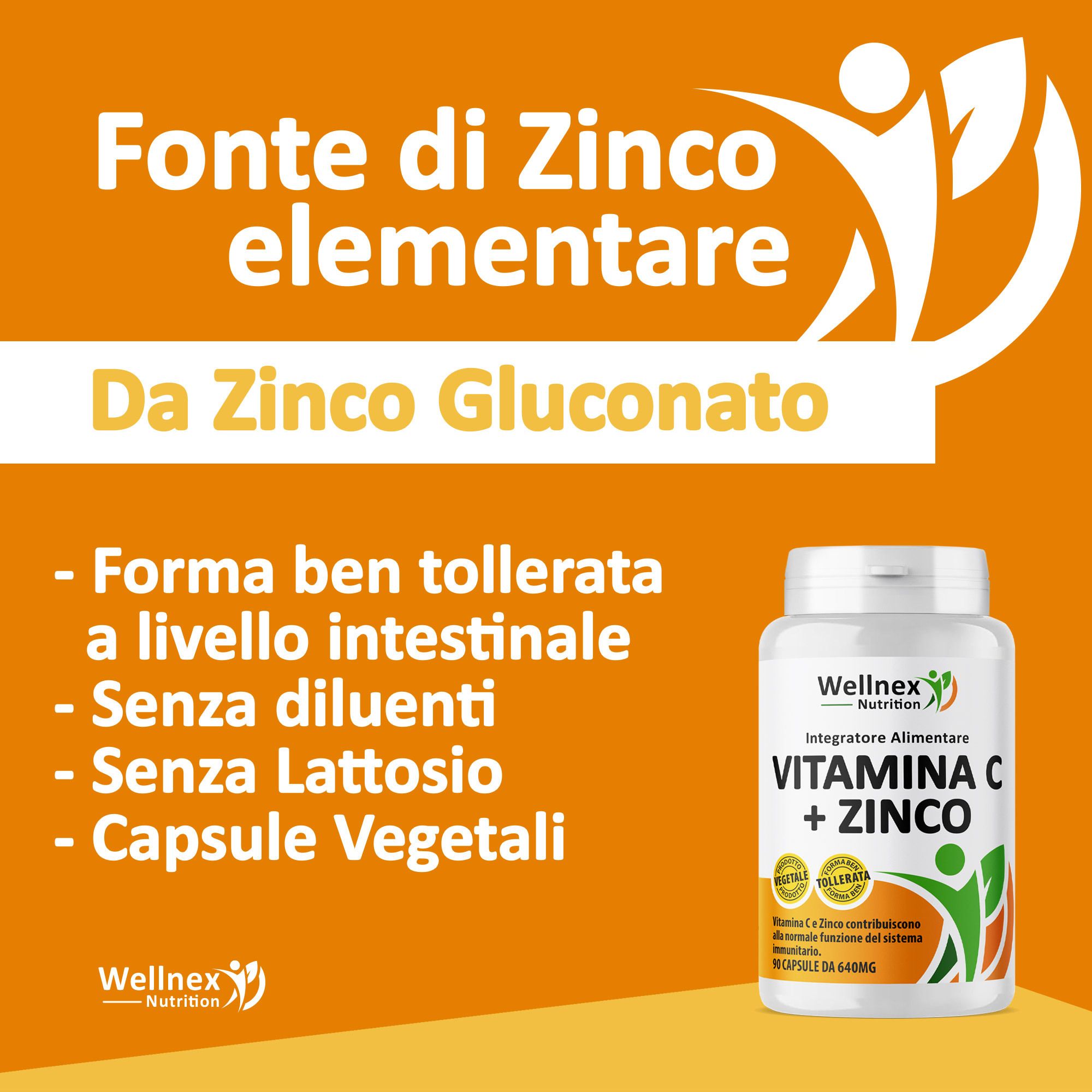 Wellnex Nutrition Vitamina C + Zinco - Supporto Sistema Immunitario - 90 Capsule Vegetali