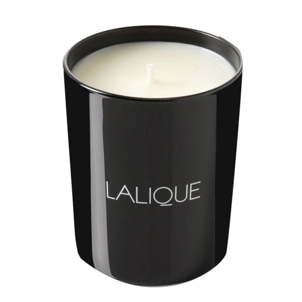 Portacandele nero con candela bianca e stoppino. Scritta "LALIQUE" sul portacandele.