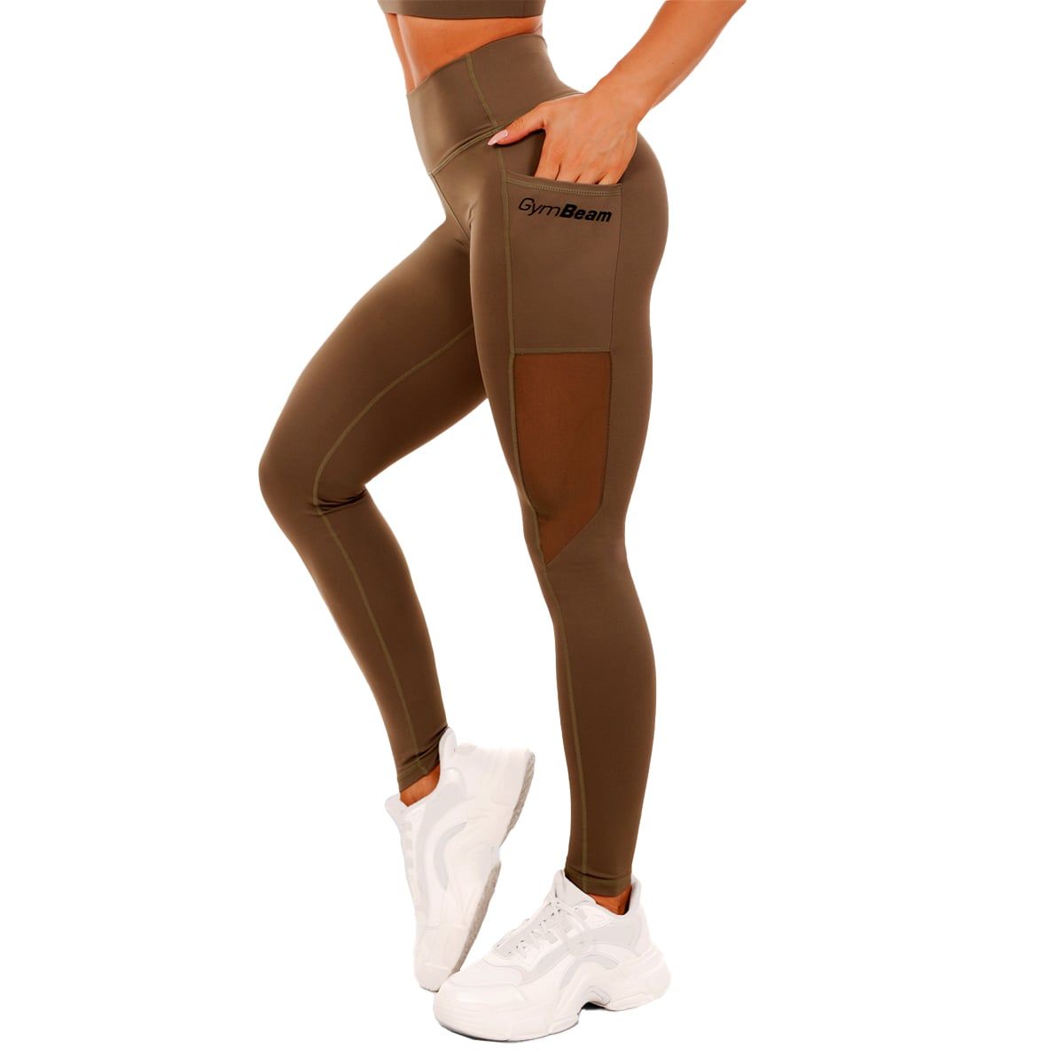 GymBeam Leggings donna Mesh Panel vita alta Olive con tasche