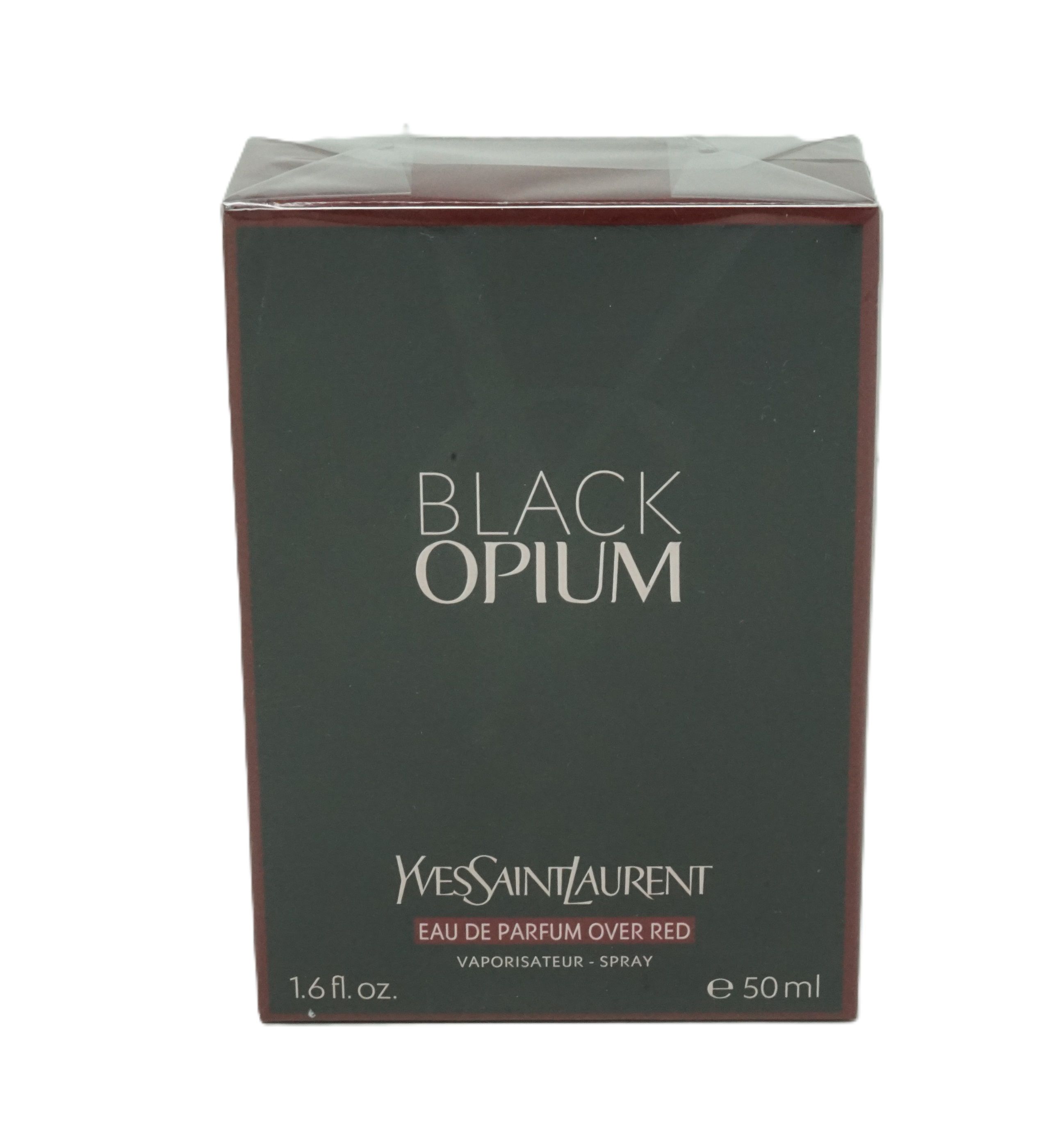 Confezione nera. Scritta 'BLACK OPIUM' e 'YVES SAINT LAURENT'. 'EAU DE PARFUM OVER RED'.