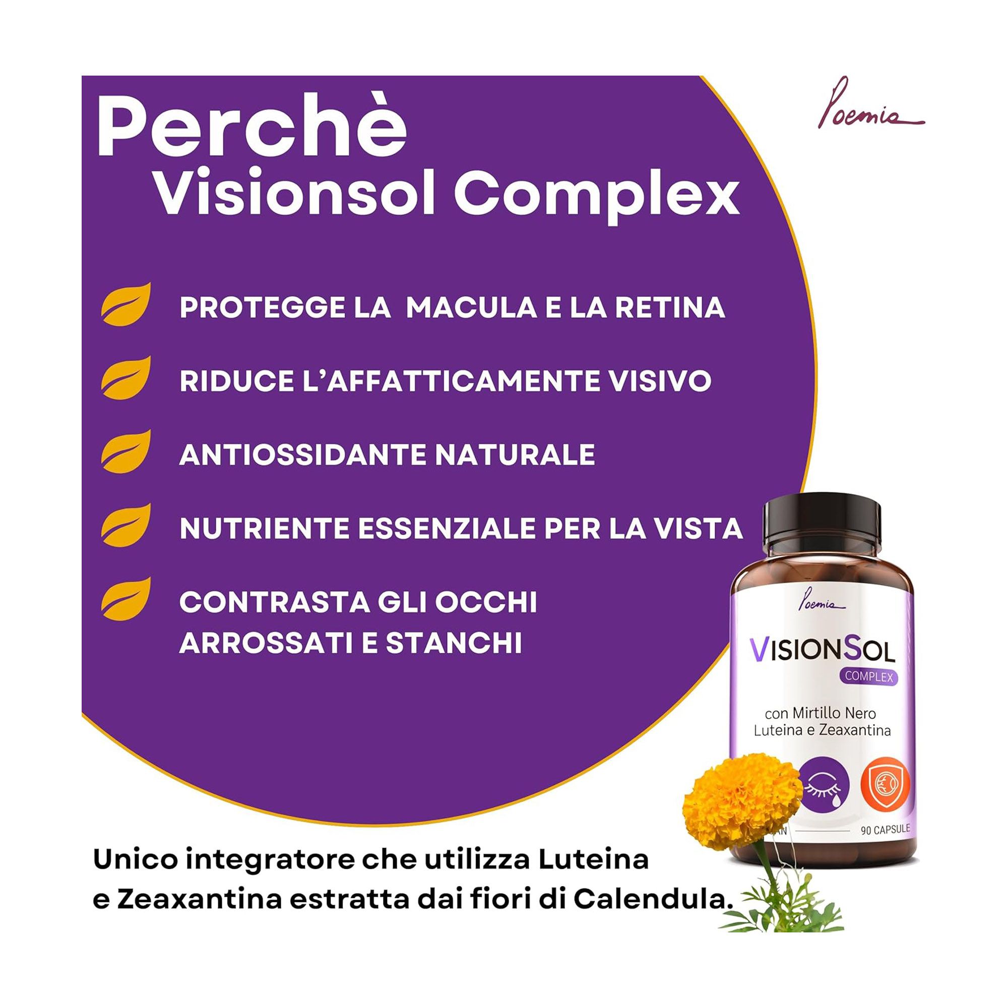 Flacone Poemia Visionsol Complex con etichetta che indica ingredienti e 90 capsule.