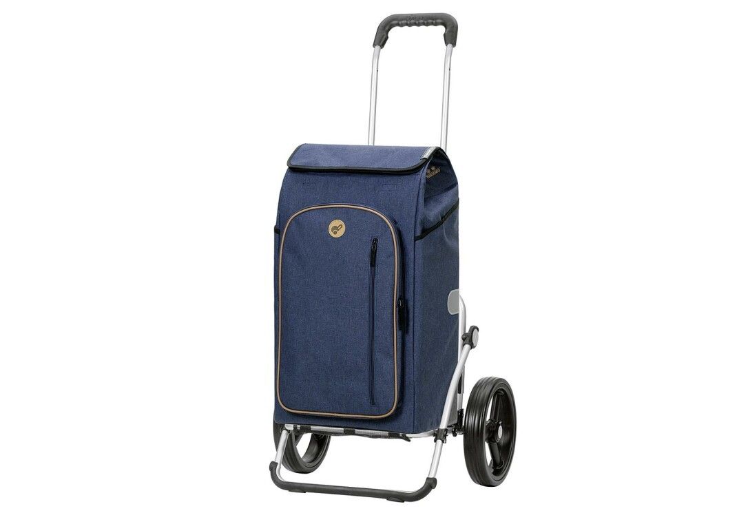 Carrello della spesa blu con telaio argentato e due ruote. Con maniglia e tasca frontale.
