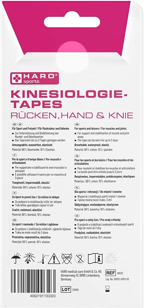 Retro della confezione con informazioni sui cerotti per kinesiologia Haro. Testo in più lingue.