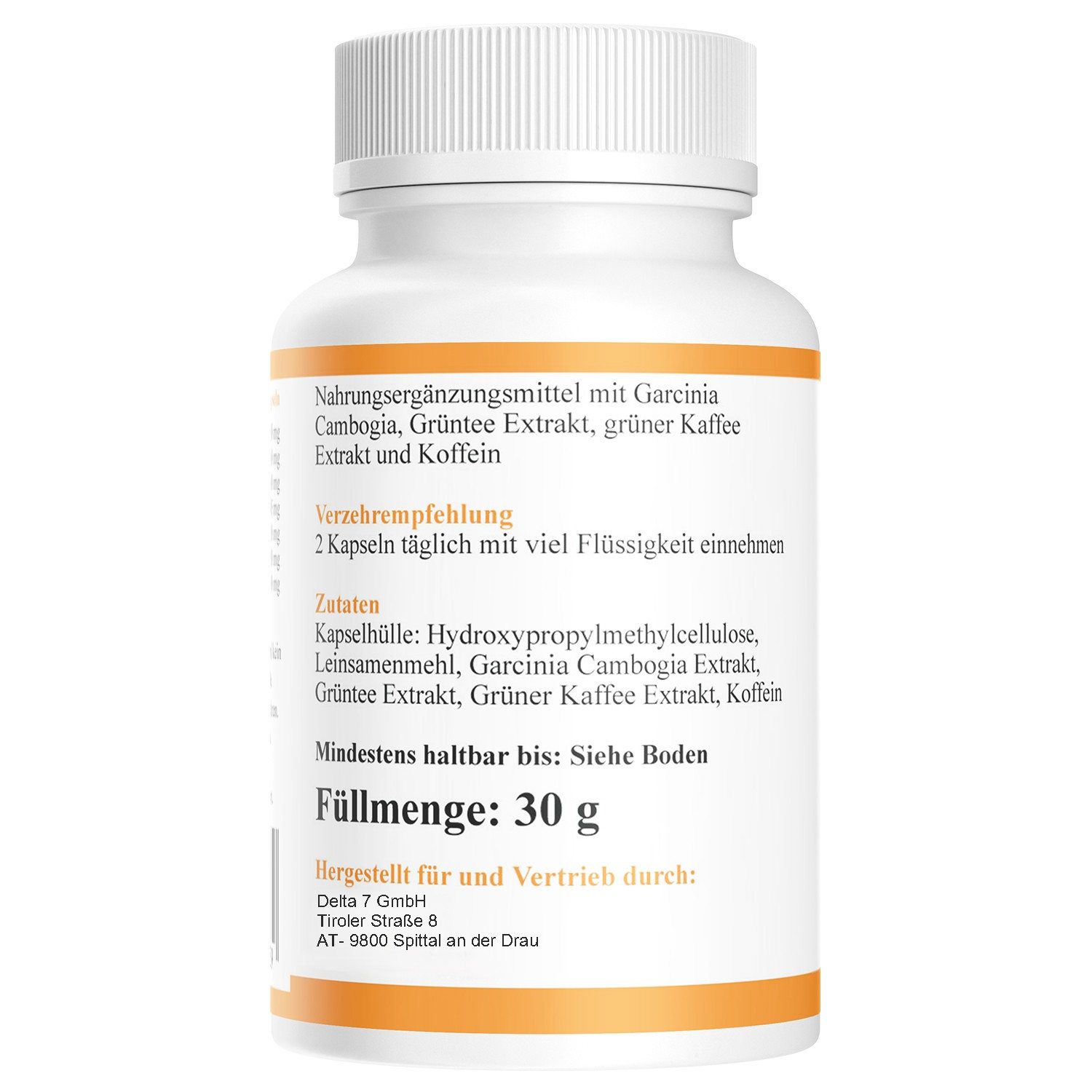 Retro di un flacone bianco. Testo: Integratore alimentare con Garcinia Cambogia, estratto di tè verde, ecc. Contenuto: 30 g.