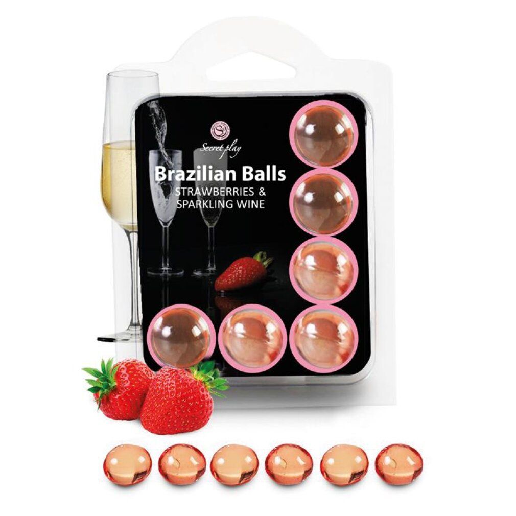 Confezione con 8 sfere brasiliane, aspetto fragola e spumante. Raffigurati due bicchieri di spumante e fragole.
