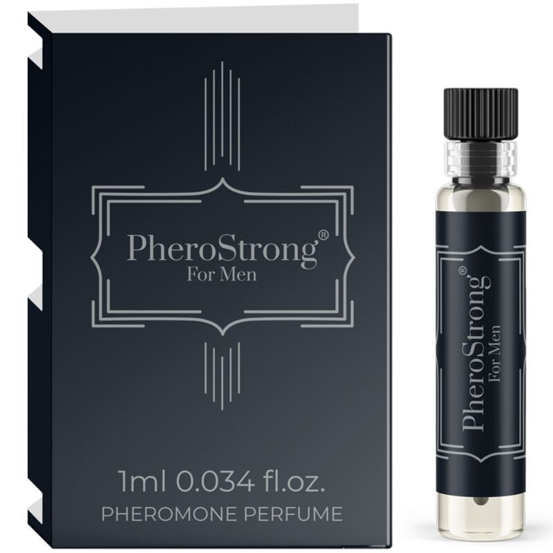PheroStrong Profumo a feromoni per uomo, flacone da 1ml e scatola.