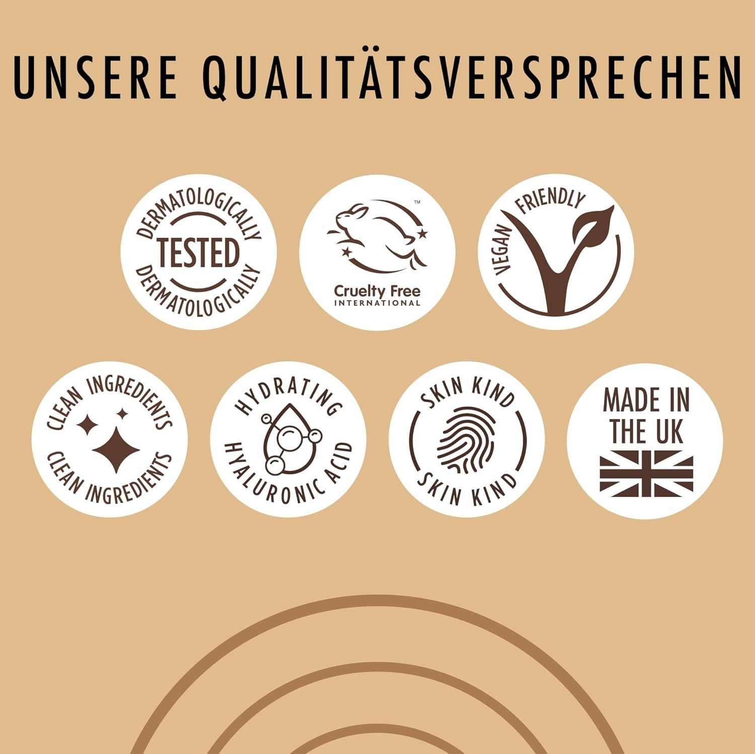 Sette loghi rotondi. Dermatologicamente testato, Cruelty Free, Vegan, Ingredienti puliti, Idratante, Skin Kind, Made in the UK.