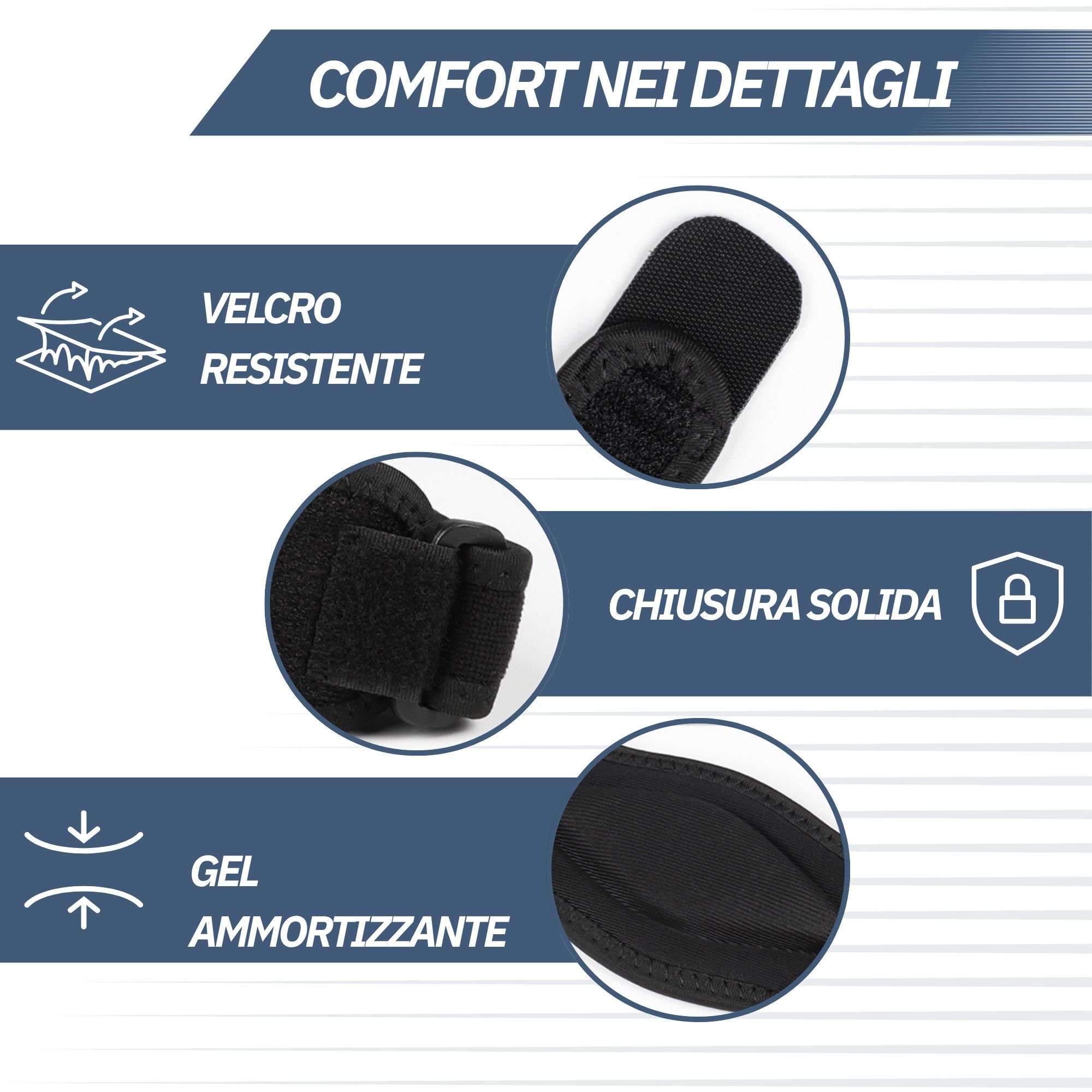 Protezione nera per gomito con velcro e imbottitura in gel. Marca TREBIN.