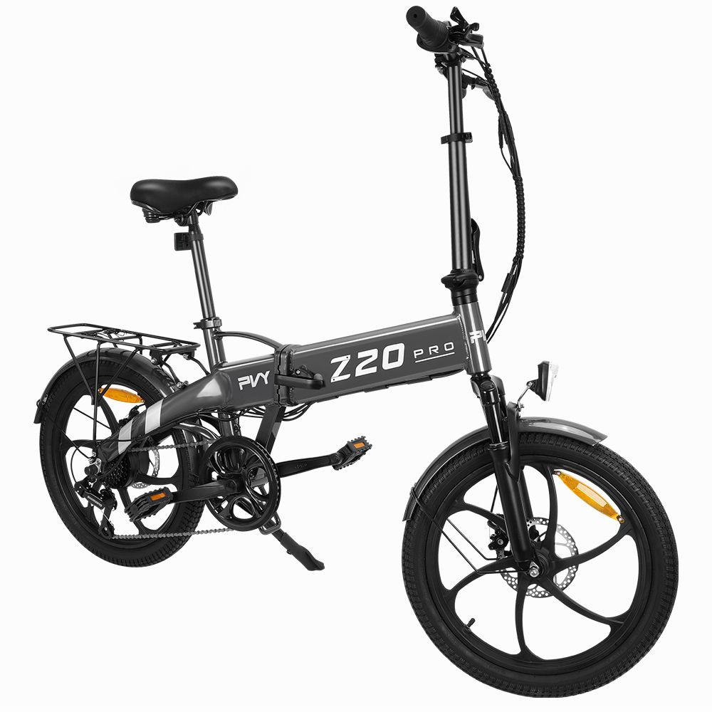 E-bike pieghevole PVY Z20 Pro grigio, con portapacchi. Shimano 6 velocità. Vista frontale.