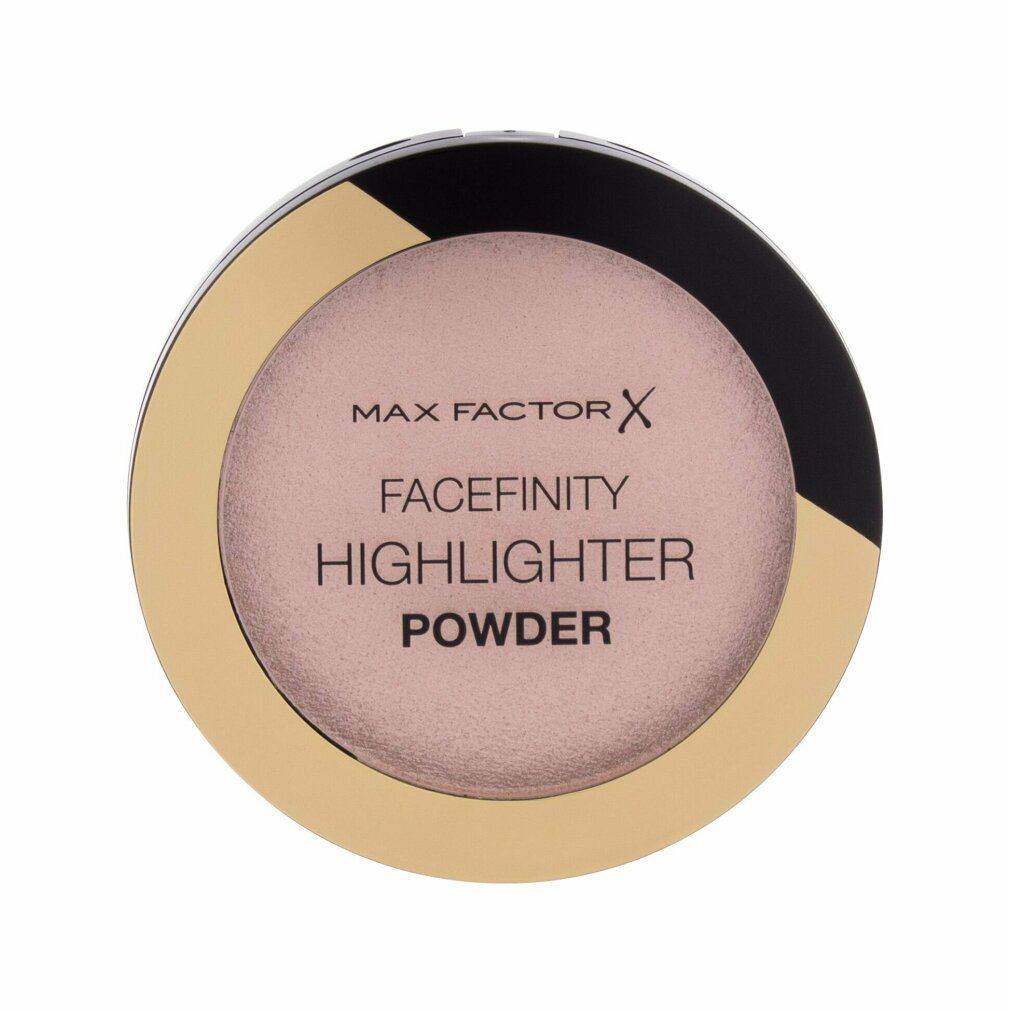 Contenitore rotondo di polvere illuminante. Bordo dorato, coperchio nero e oro. Testo: Max Factor Facefinity Highlighter Powder.