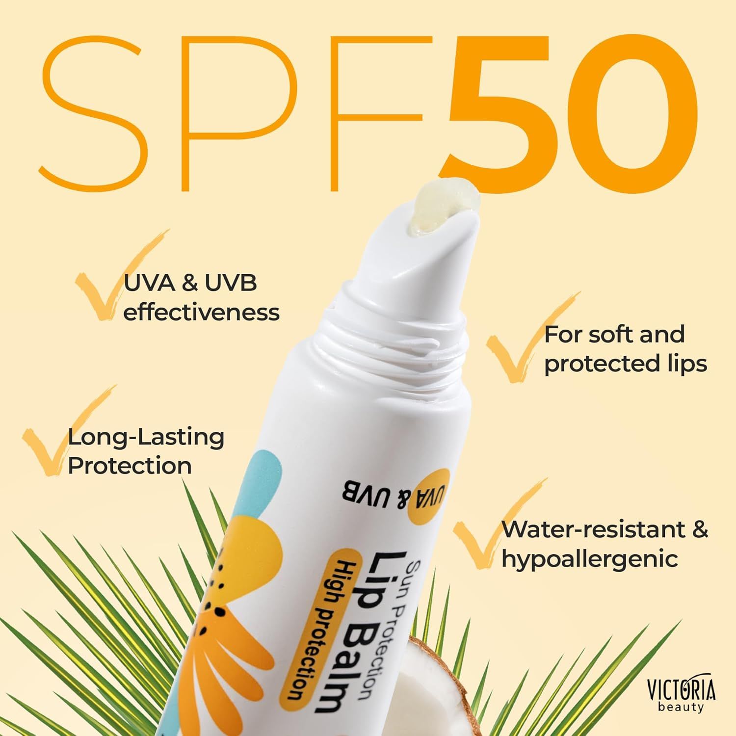 Balsamo labbra Victoria Beauty, SPF 50. Tubo con prodotto. Testo: SPF 50. Efficacia UVA & UVB, resistente all'acqua, per labbra morbide.
