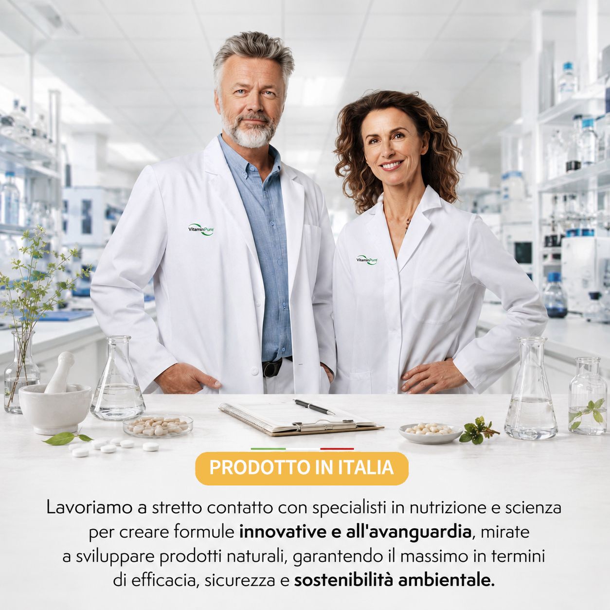 Due scienziati in laboratorio, con testo 'Prodotto in Italia'.