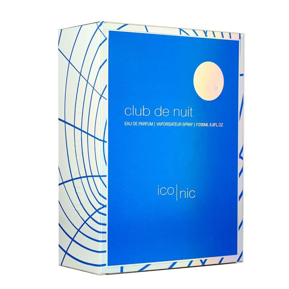 Confezione con sfondo blu e motivo bianco. Scritta "Club de Nuit Iconic". "Eau de Parfum".