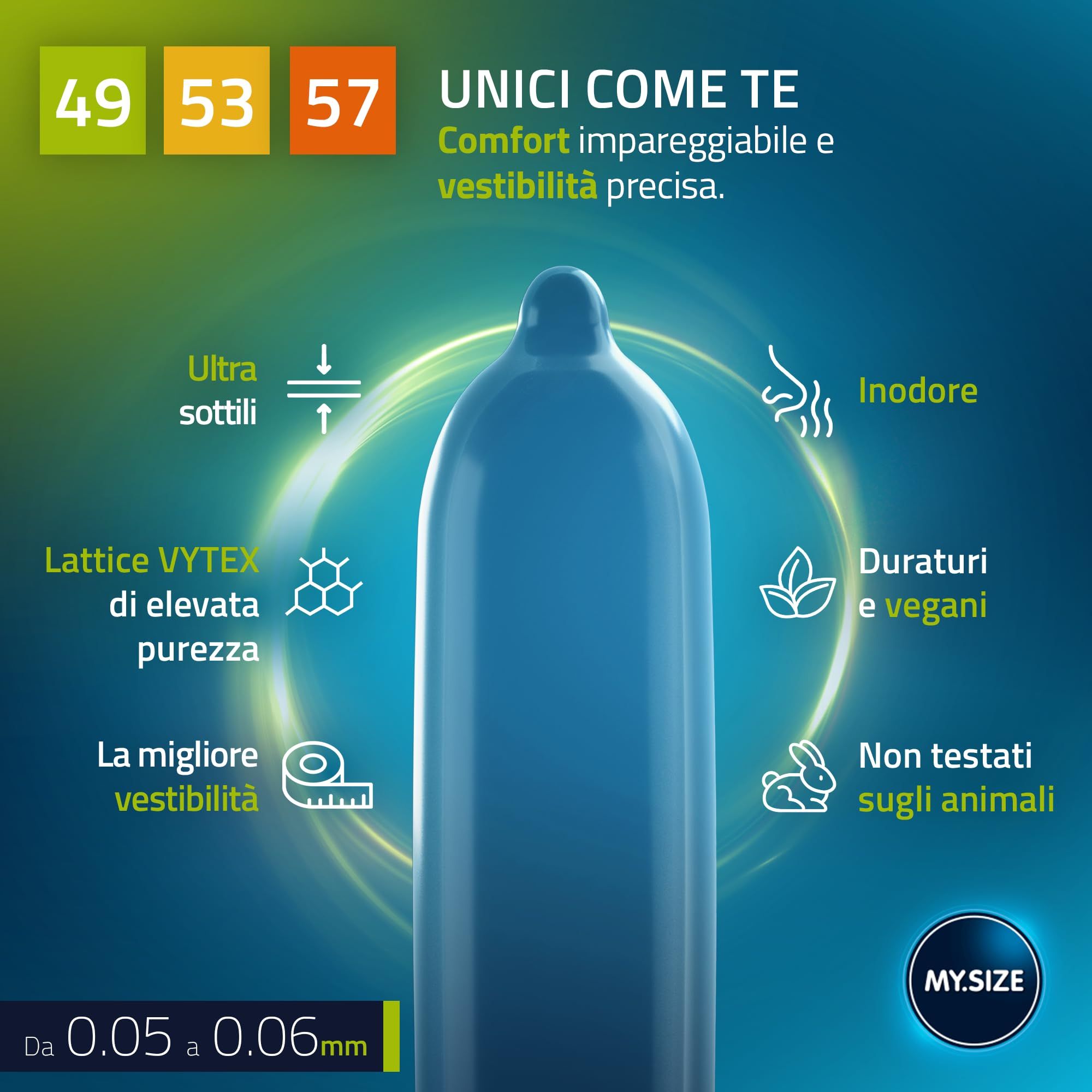 Preservativo blu con icone per pareti sottili, lattice VY-TEX, vestibilità, inodore, durevole, vegano, non testato su animali.