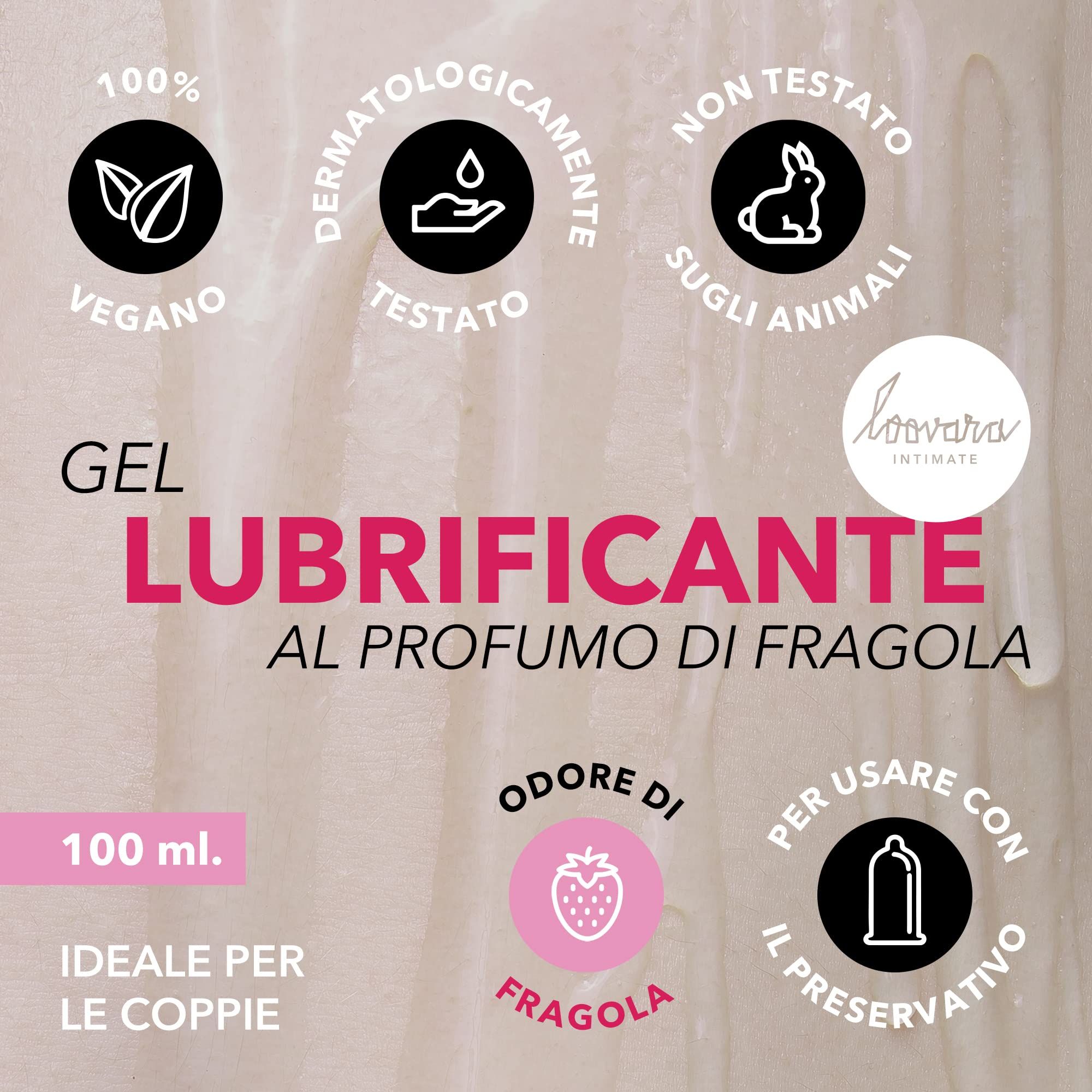 Dettaglio confezione: Loovara Gel Lubrificante Fragola, 100ml, vegan, testato dermatologicamente.