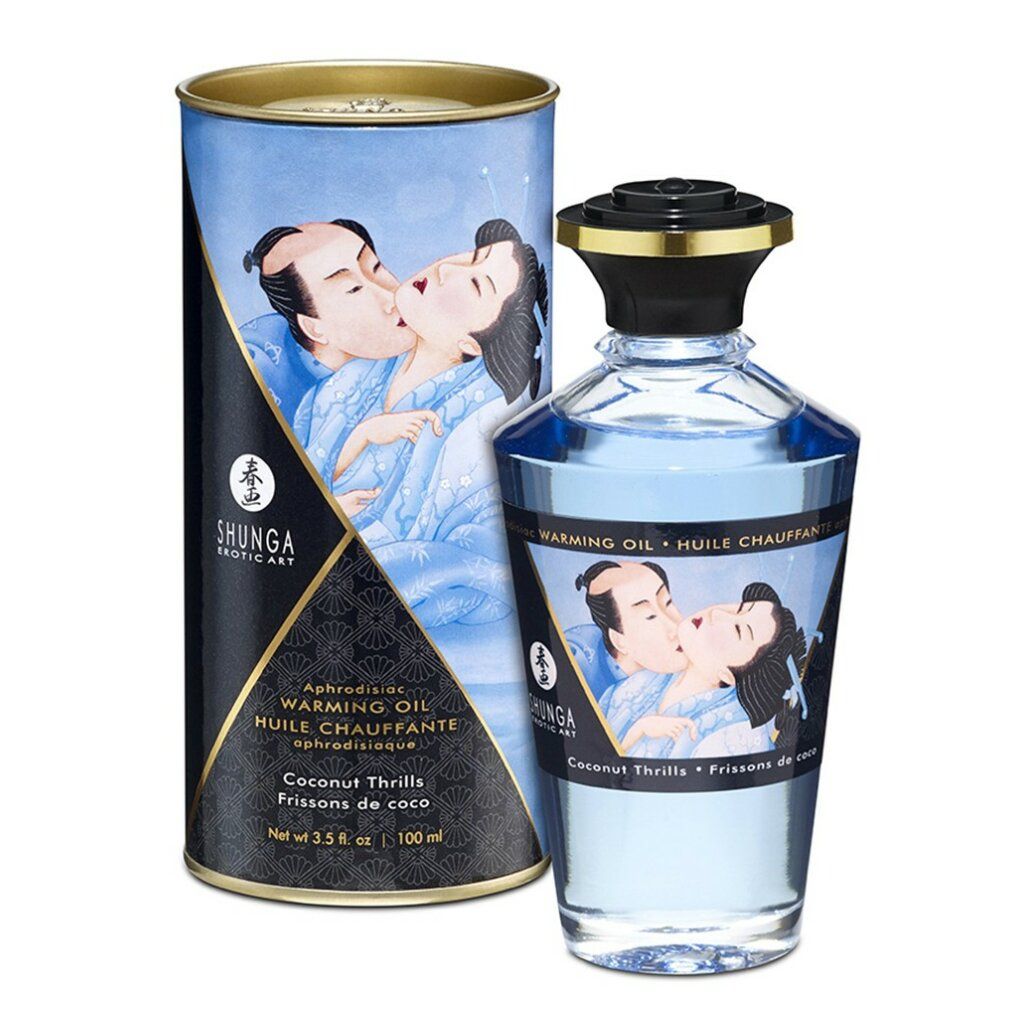Flacone e scatola cilindrica blu. Scritta: Shunga, Warming Oil, Coconut Thrills.