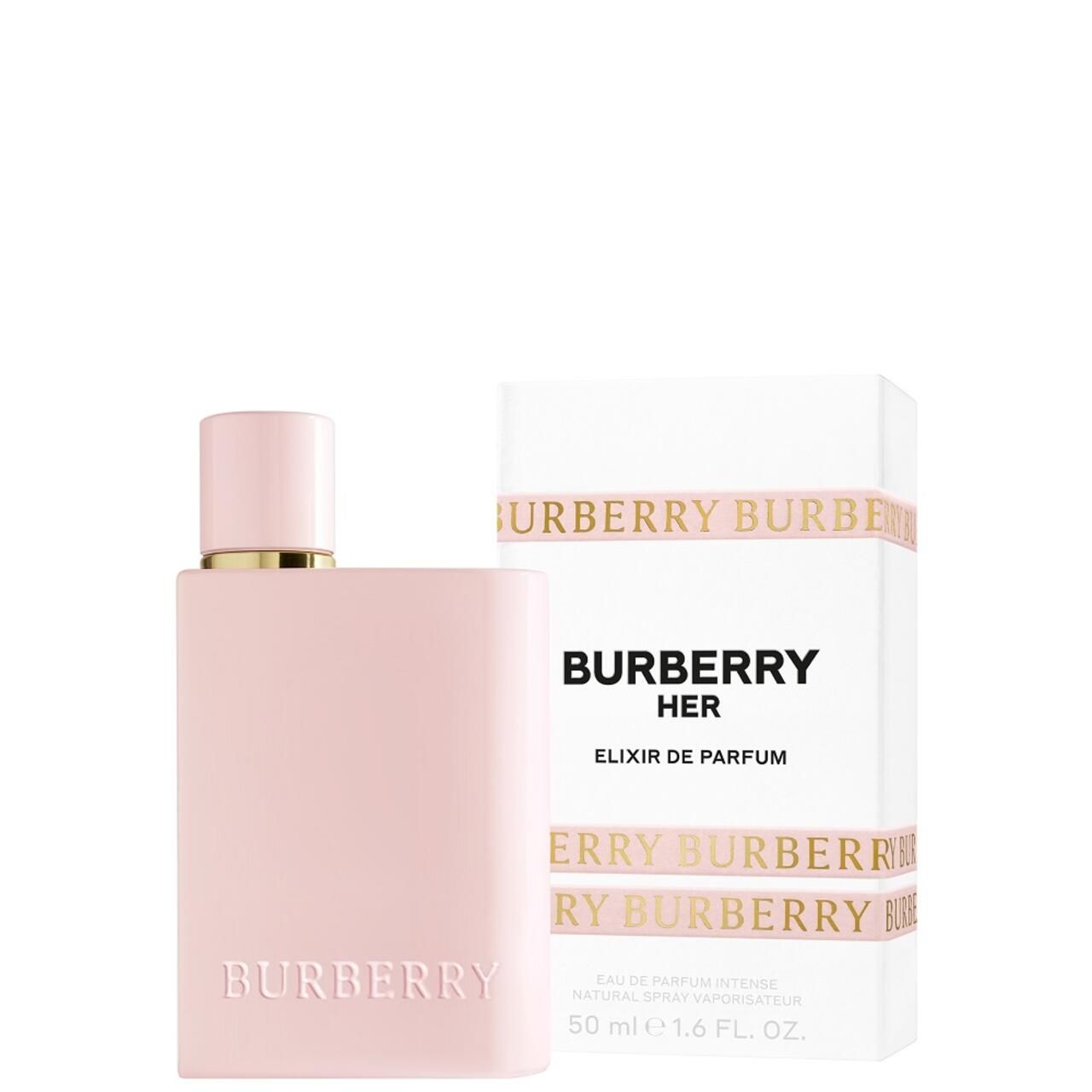 Flacone rosa Burberry Her Elixir e confezione. Flacone con tappo dorato. Confezione con scritta Burberry.