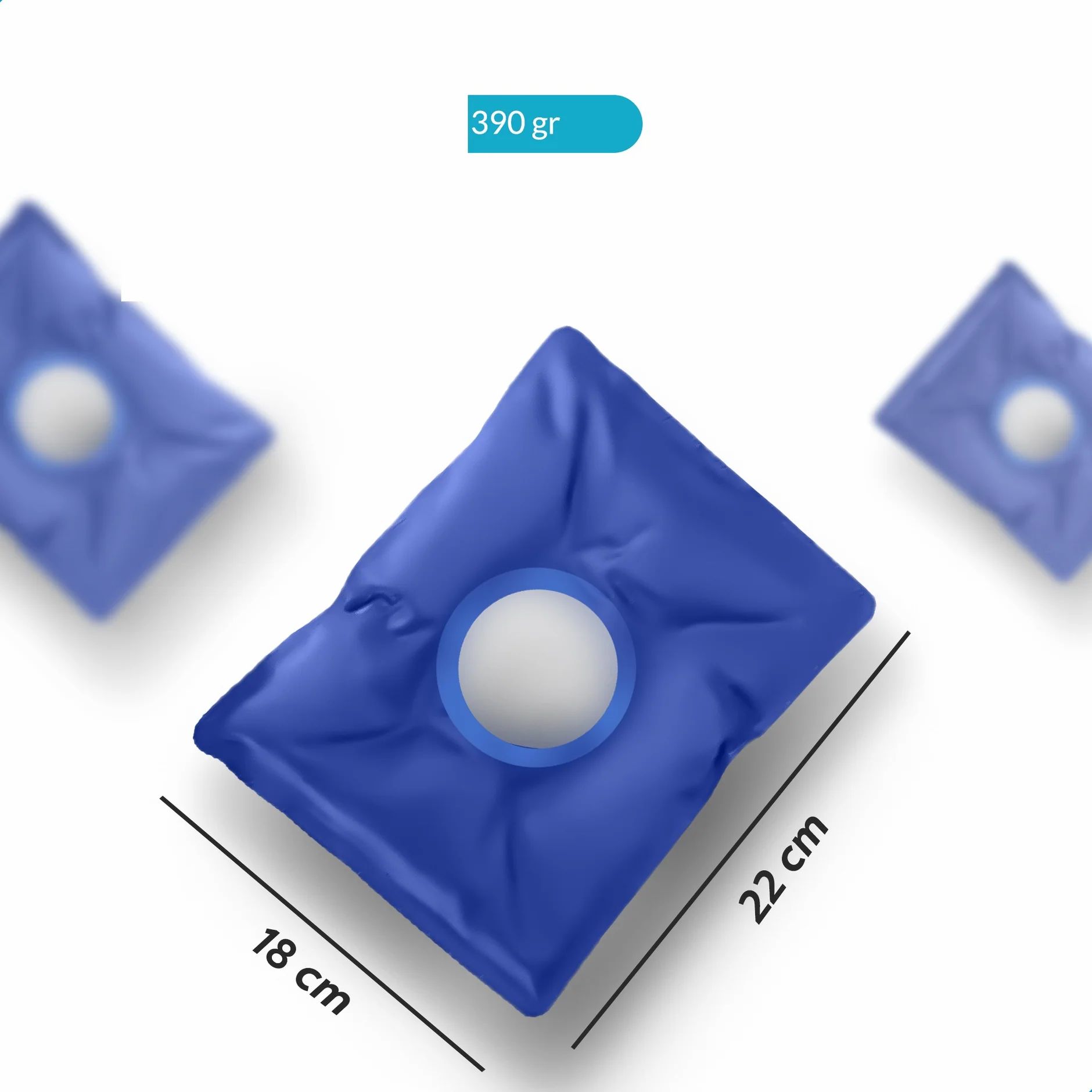 Gel pack blu con foro, 18x22 cm. In alto: 390 gr. Tre gel pack su sfondo bianco.