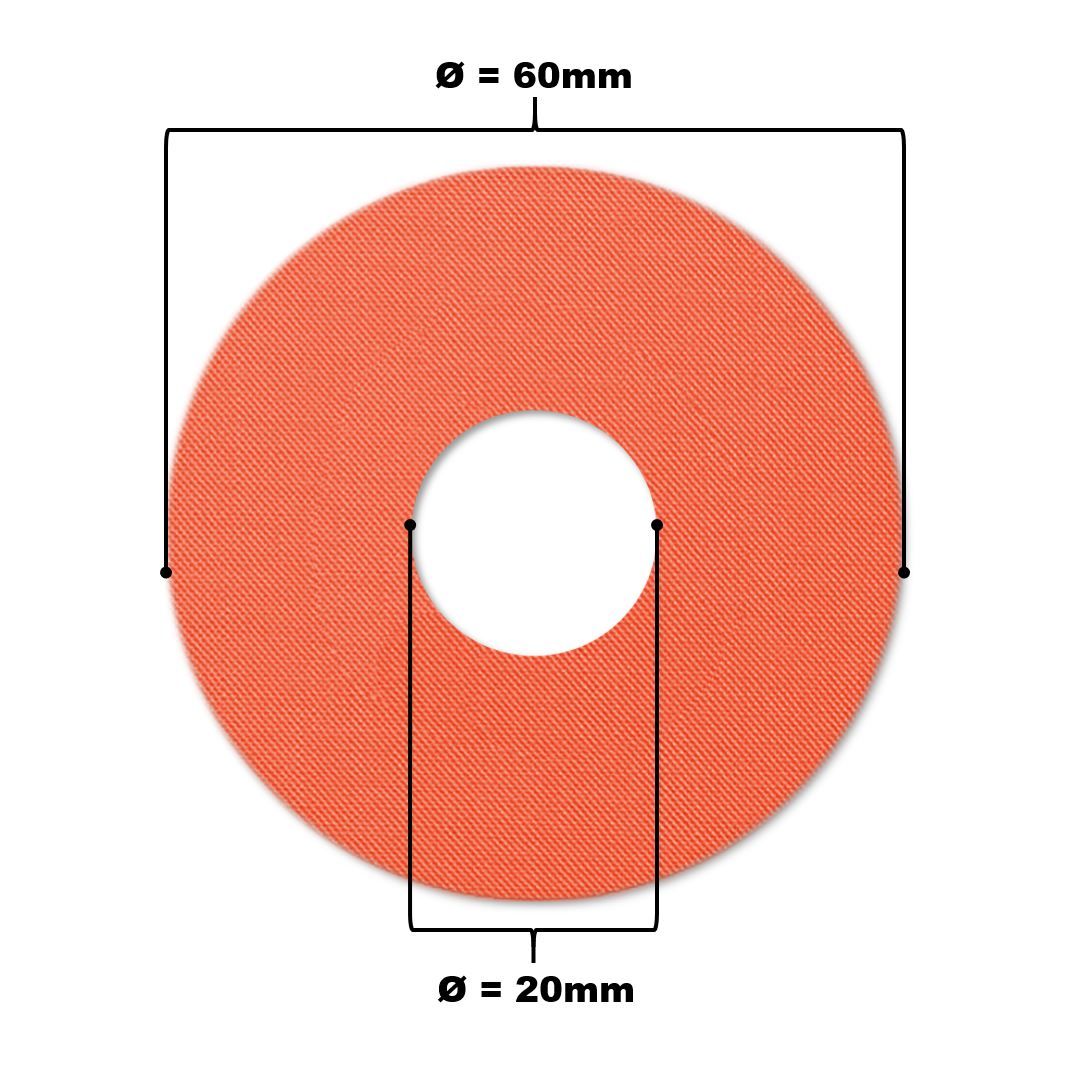 Cerotto per catetere rotondo rosso con foro. Diametro 60mm, diametro foro 20mm, con misure.