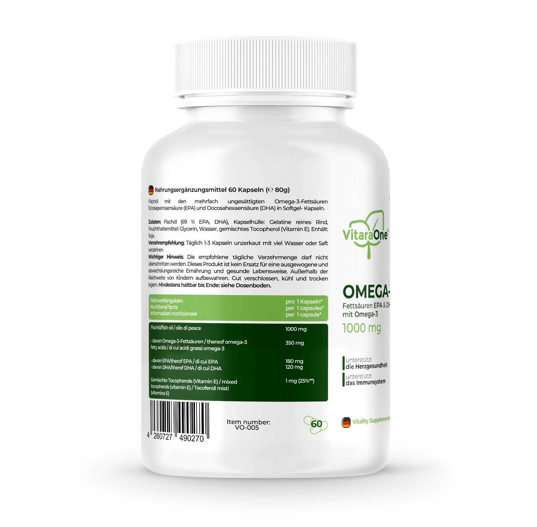 Retro del flacone di capsule Omega-3. Testo in tedesco. Contiene informazioni sugli ingredienti e il dosaggio.