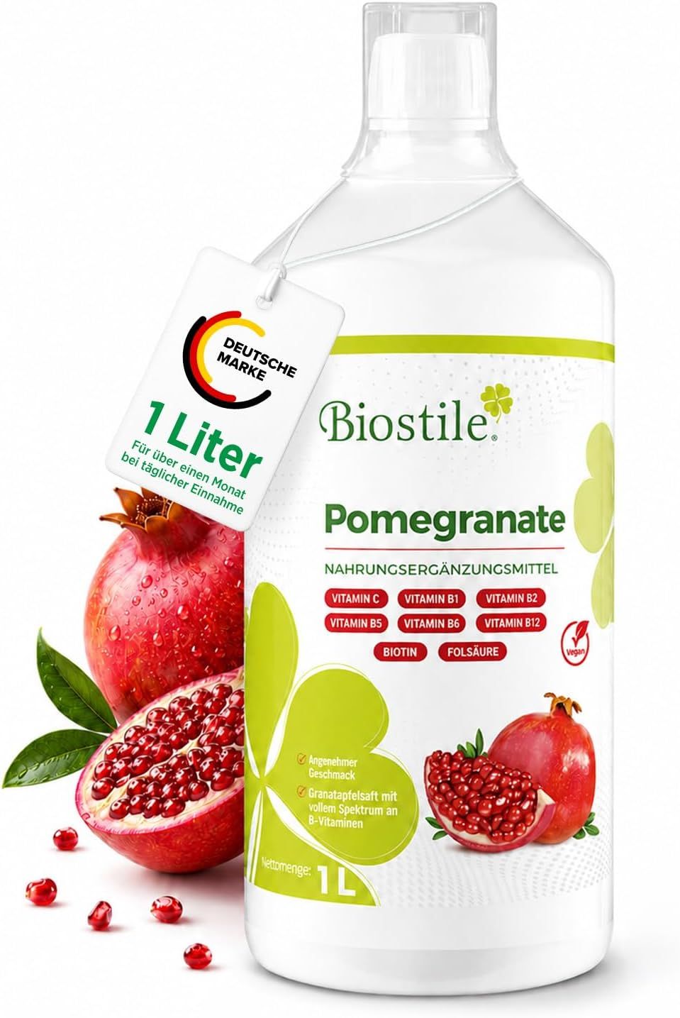 Bottiglia di succo di melograno Biostile, 1L. Marchio tedesco, per oltre un mese.