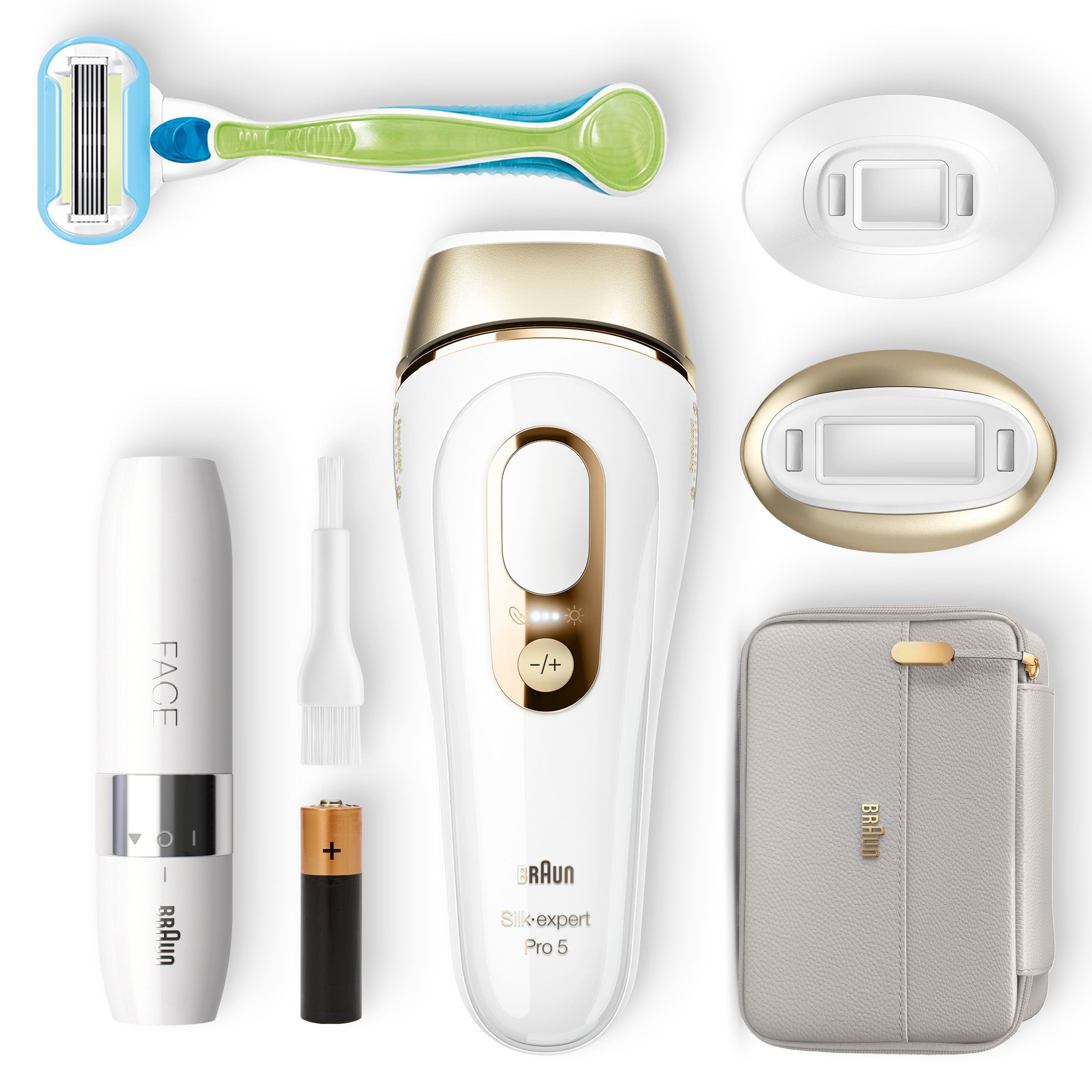 Dispositivo IPL Braun Silk-expert Pro 5, rasoio, mini rasoio viso, accessori e batteria. Oro rosa e bianco. Vista dall'alto.