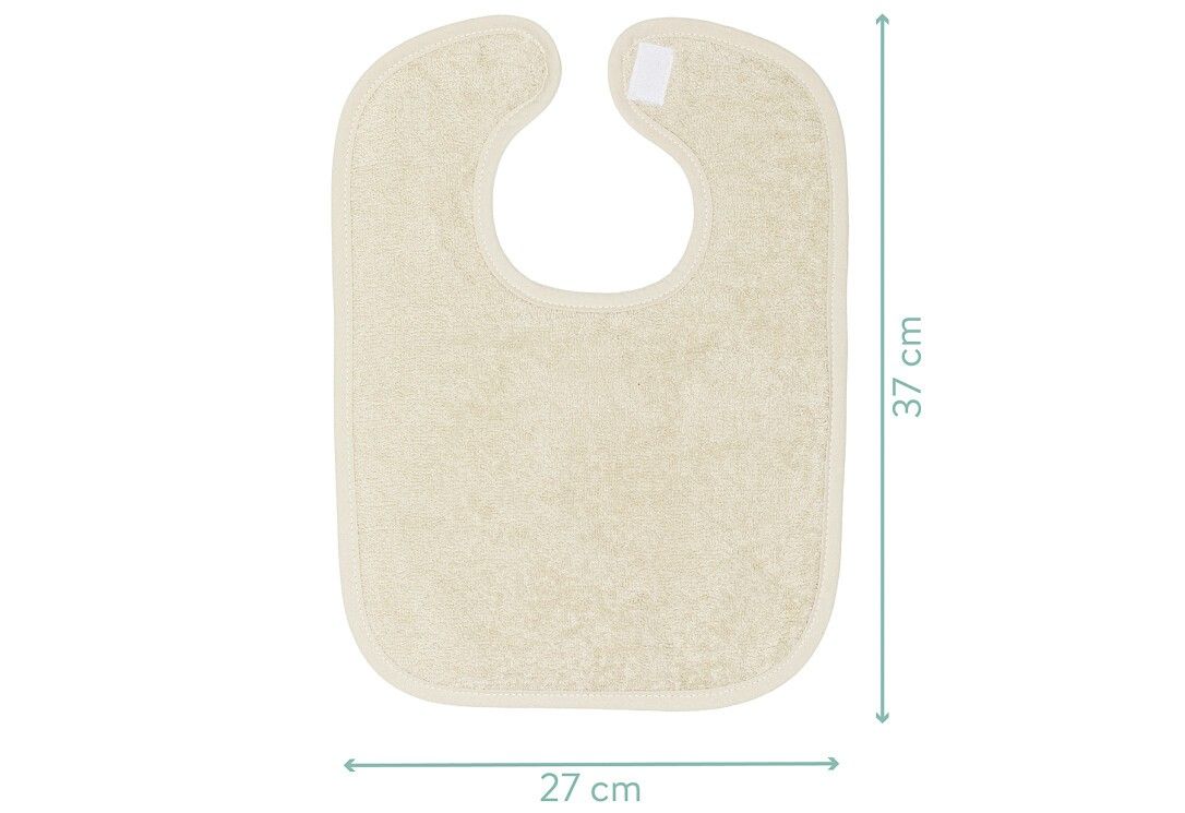 Bavaglino in spugna beige con chiusura in velcro. Dimensioni: 27 x 37 cm. Su sfondo bianco.