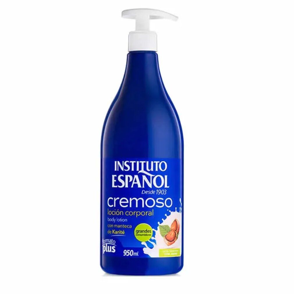 Flacone blu con dosatore. Scritta: Instituto Español, cremoso, loción corporal, 950ml. Illustrazione di frutta.