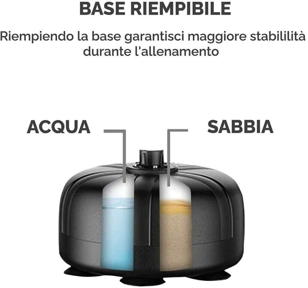 Base del sacco da boxe con riempimento acqua e sabbia. Etichette: acqua e sabbia. Ventose.