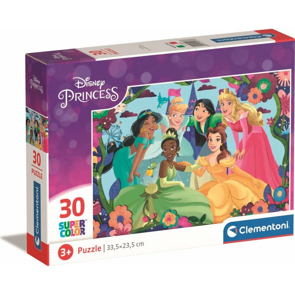 Scatola puzzle Clementoni. Mostra il motivo del puzzle con le principesse Disney. Contiene 30 pezzi. Confezione con informazioni.