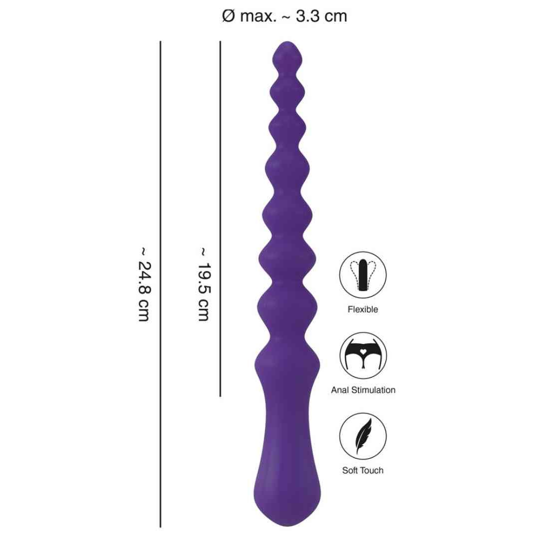 Bacchetta anale viola con design sferico. Dimensioni: Ø max. ~3,3 cm, lunghezza ~24,8 cm. Pittogrammi: flessibile, stimolazione anale, tocco morbido.