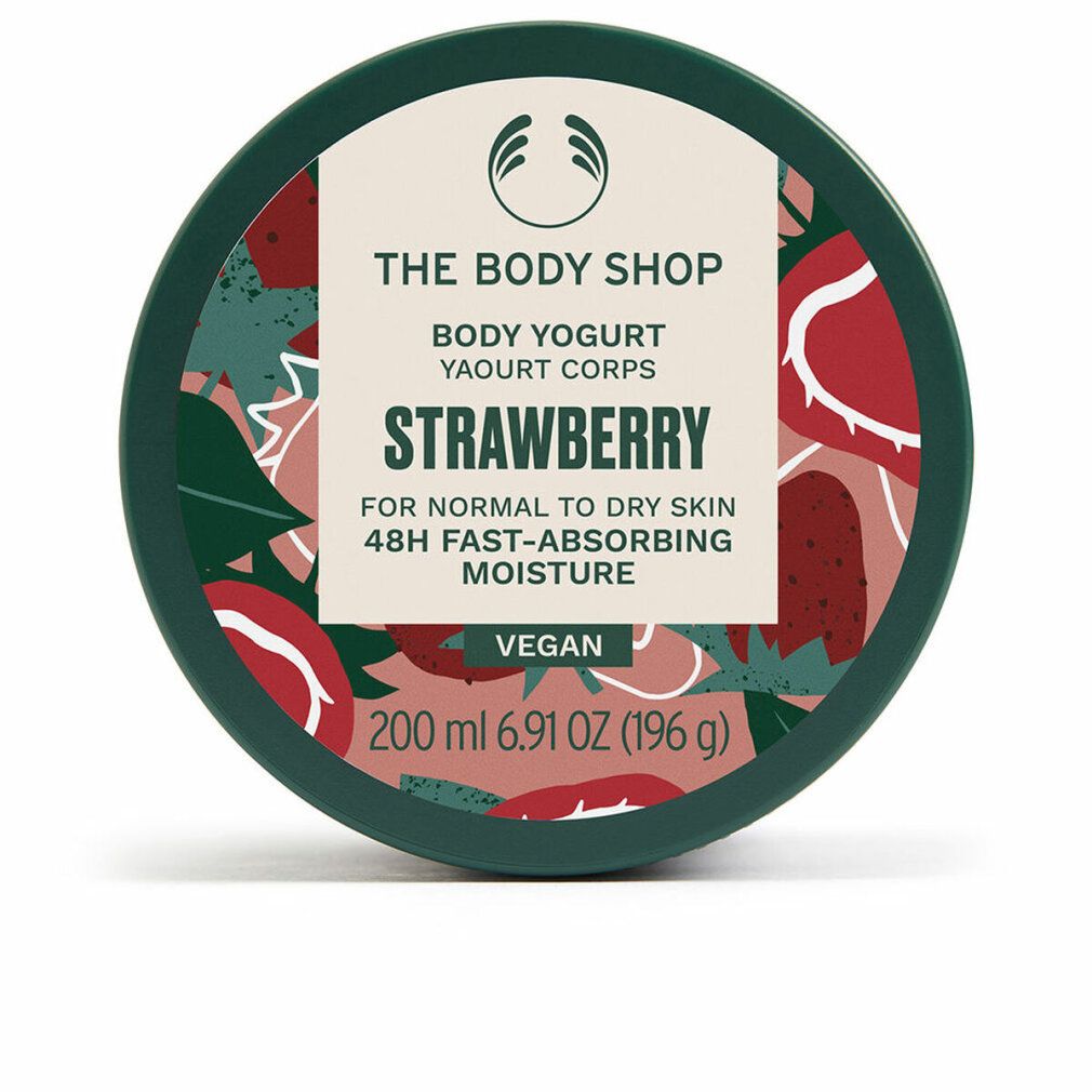 Contenitore rotondo con coperchio. Scritta: Strawberry Body Yogurt. Vegano. 200 ml.
