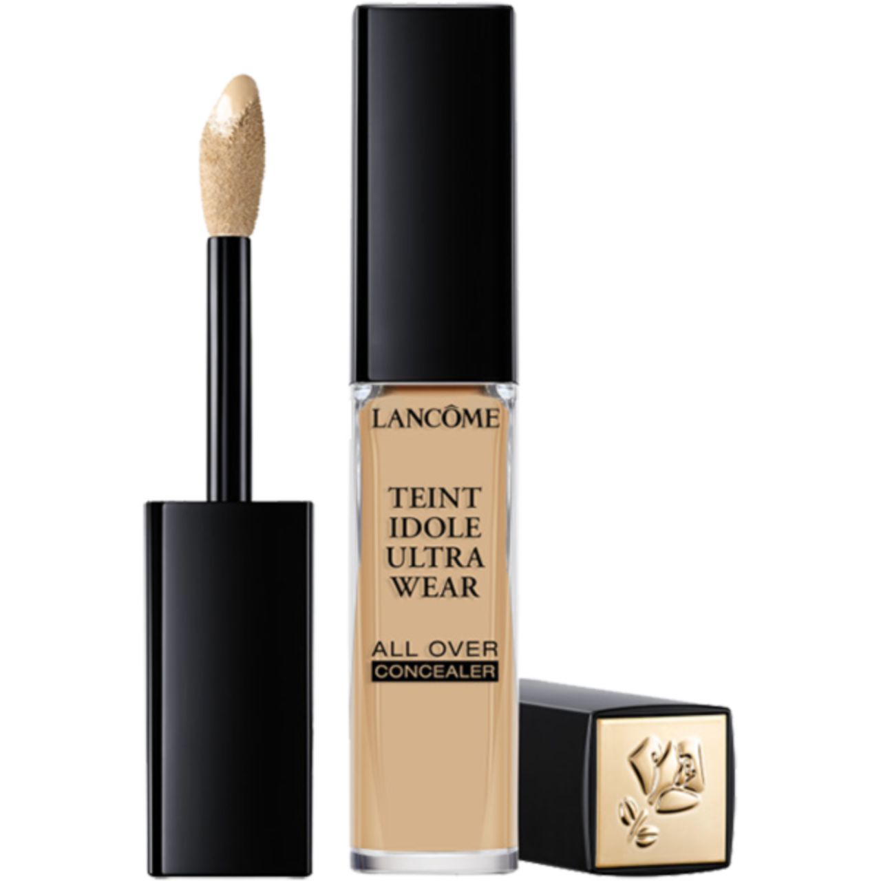 Lancôme Teint Idole Ultra Wear All Over Concealer. Flacone con applicatore. Tappo nero. Tonalità beige. Nome del prodotto visibile.