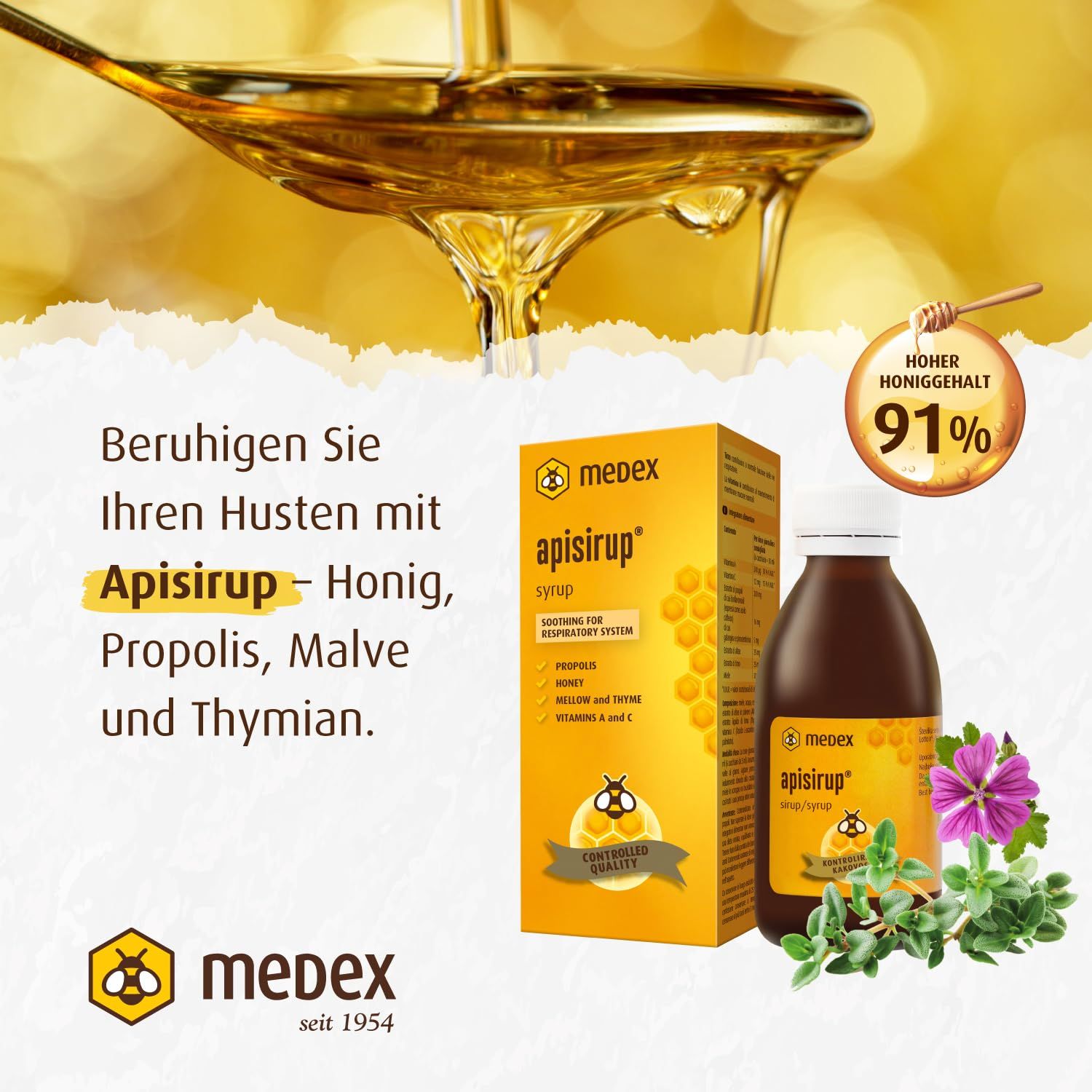 Bottiglia e scatola Medex Apisirup con miele, propoli, malva e timo. 91% di miele.