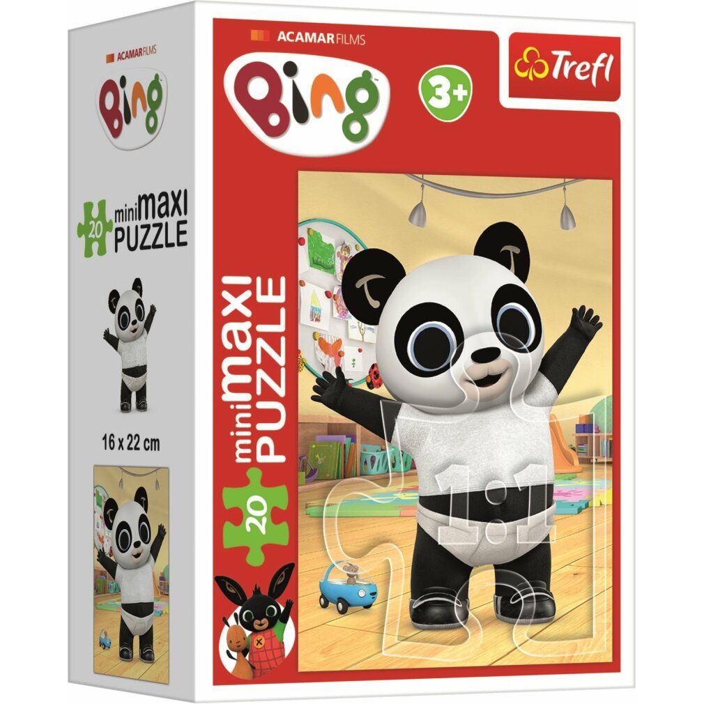 Scatola puzzle con personaggio panda. Stampa: Bing, 20 pezzi, 16x22 cm. Sfondo rosso. Logo Trefl. Età consigliata 3+.
