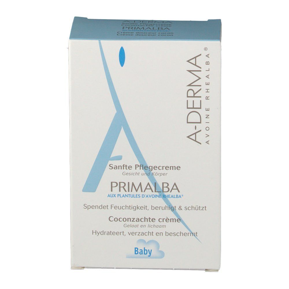 Confezione in cartone. Logo A-DERMA e PRIMALBA. Testo: Sanfte Pflegecreme, Idratare, lenire e proteggere. Bambino.