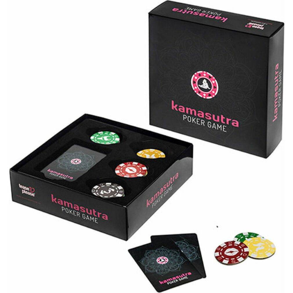 Scatola nera aperta con carte e fiches da poker. Logo "Kamasutra Poker Game" visibile.