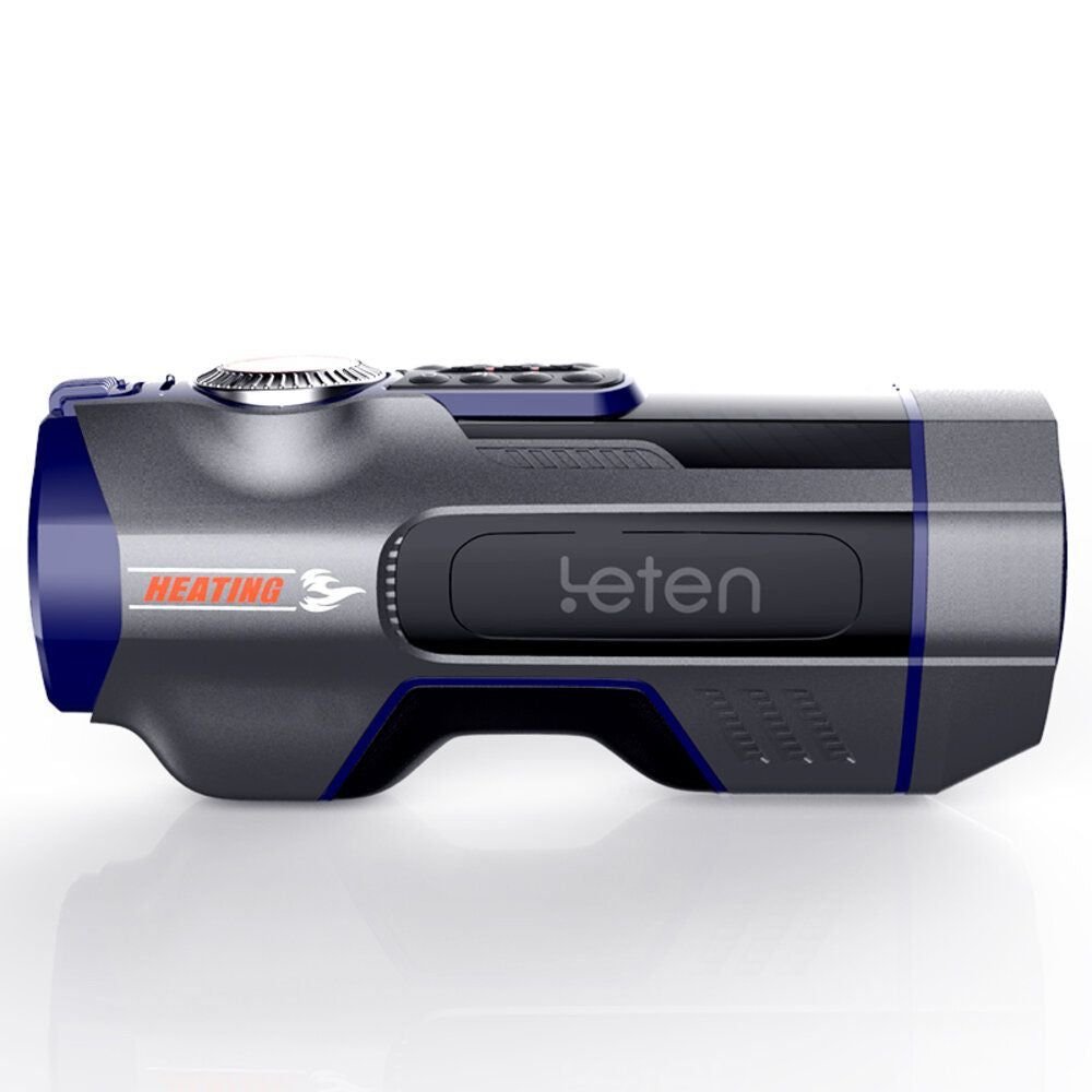 Dispositivo grigio-blu con logo 'leten' e scritta 'HEATING'. Comandi rotondi e forma cilindrica.