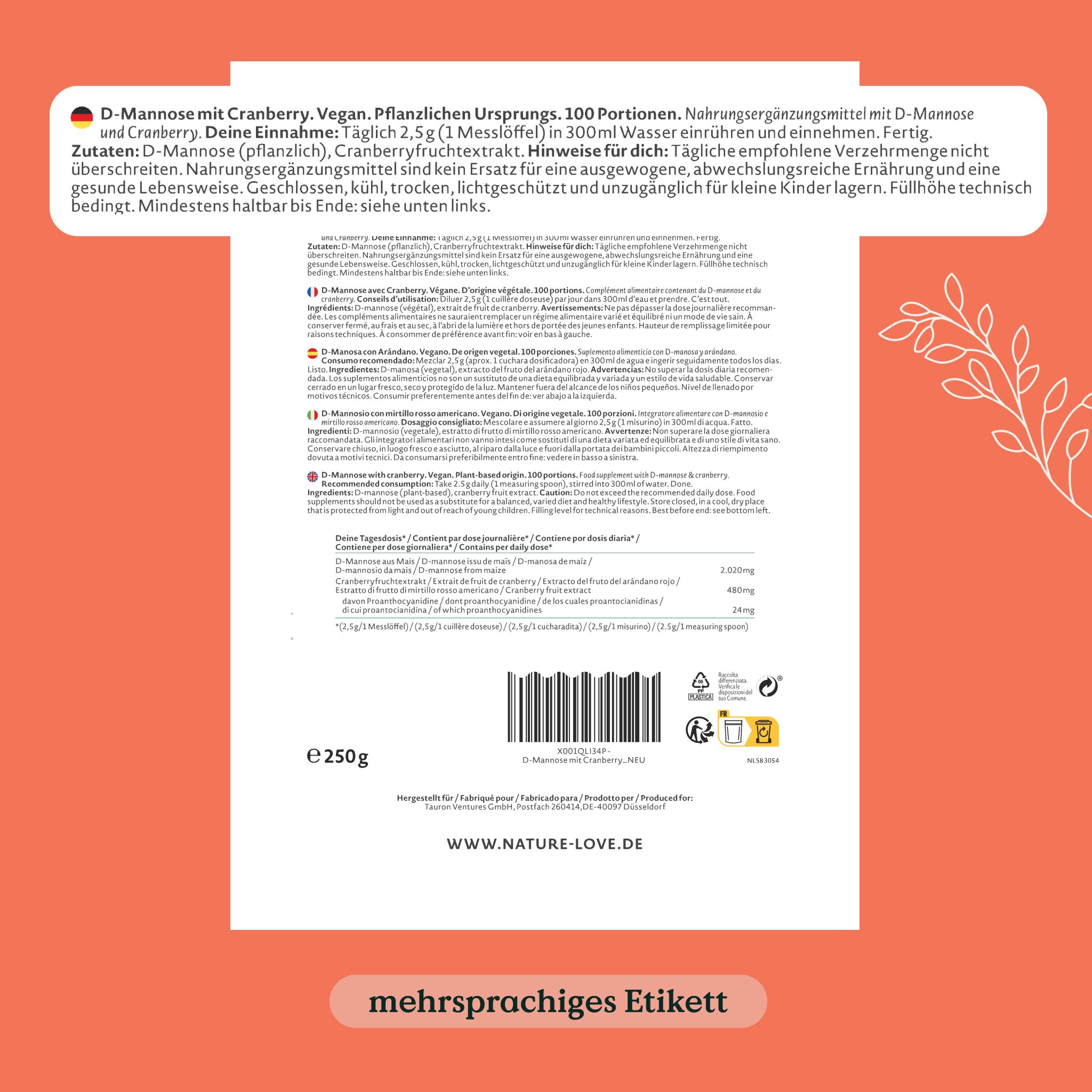 Retro della confezione con informazioni nutrizionali e ingredienti. Etichetta multilingue.