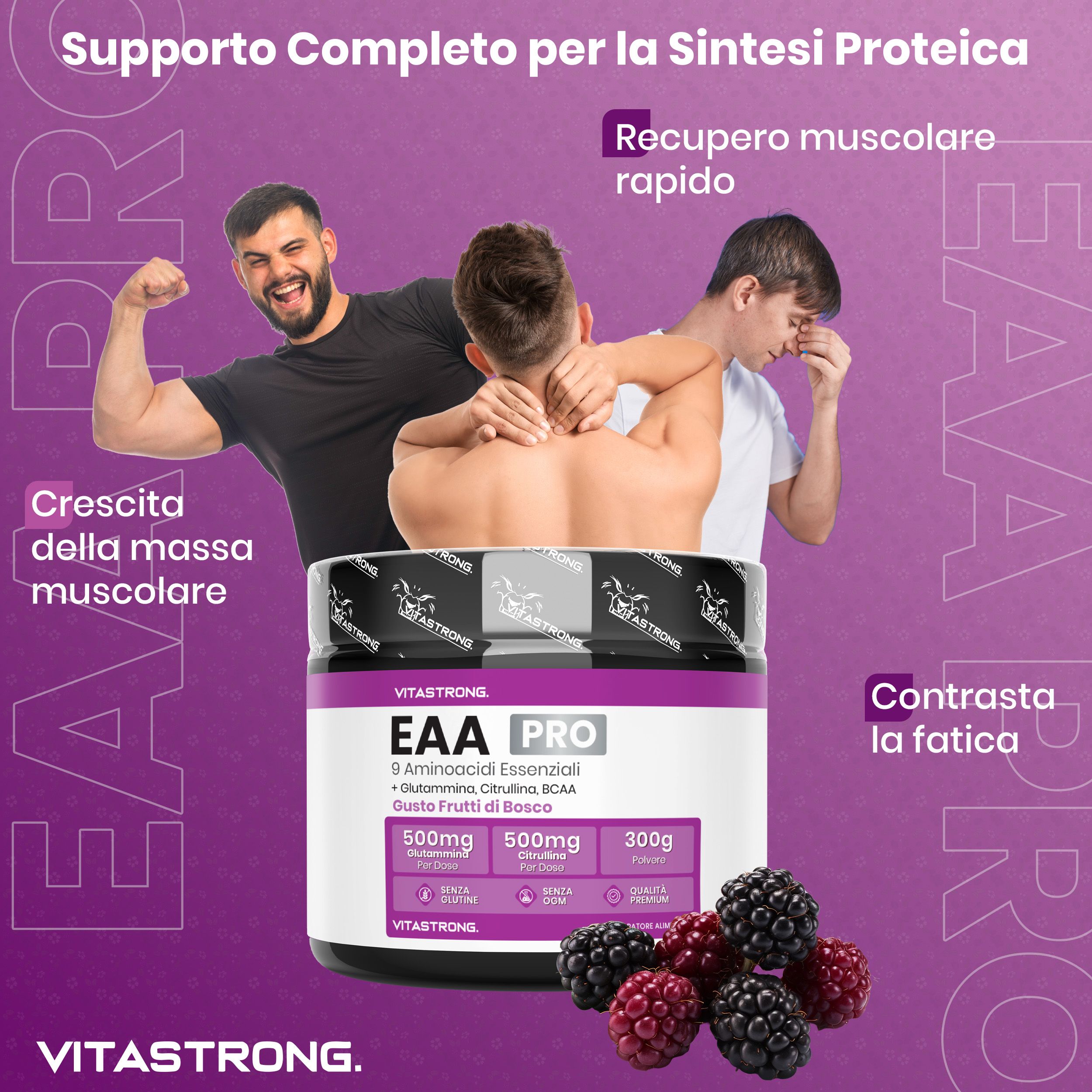 Vitastrong EAA Pro, barattolo. Uomini mostrano i muscoli. Testo: crescita muscolare, recupero rapido, affaticamento.