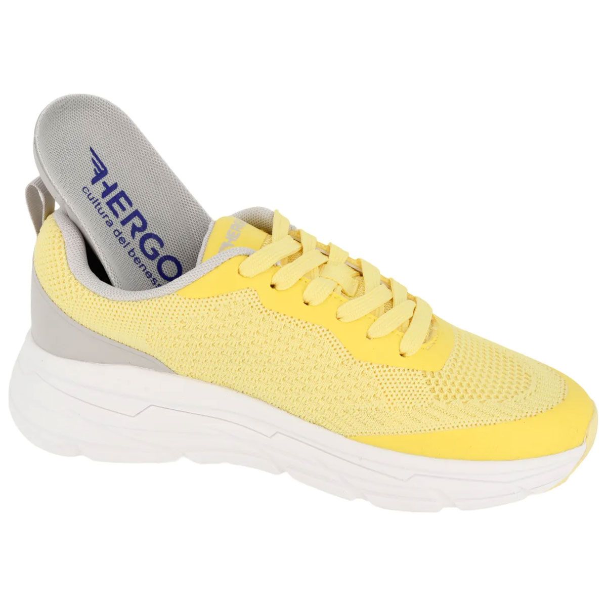 Sneakers gialle con soletta rimovibile. Dettagli grigi. Suola bianca.