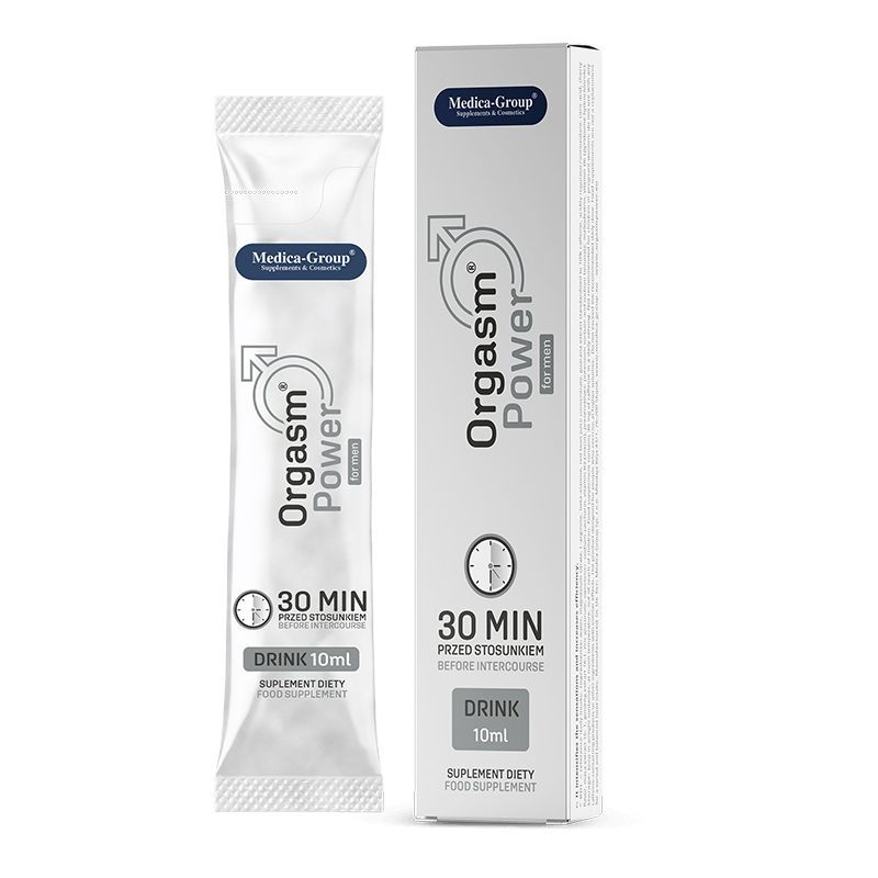 Orgasmus Power Drink per uomini, bustina e scatola da 10ml.