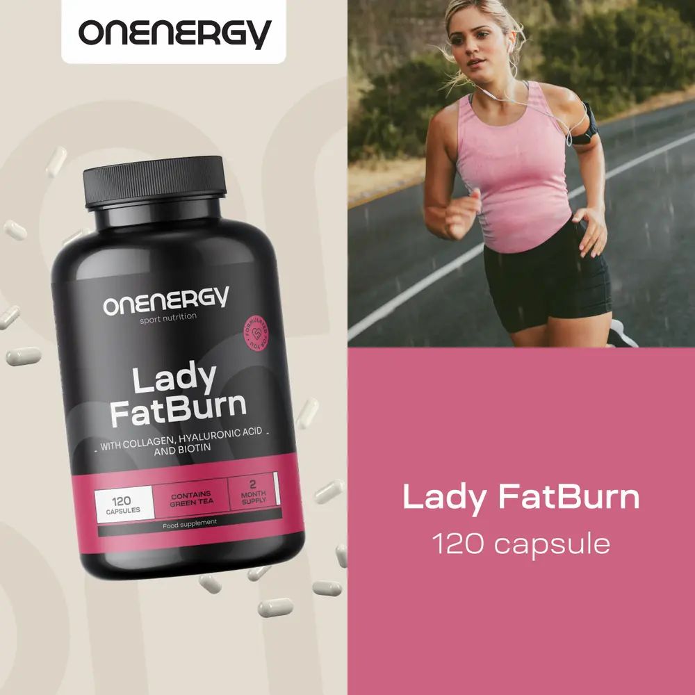 Podista, accanto al barattolo OnEnergy Lady FatBurn. "Lady FatBurn, 120 capsule."