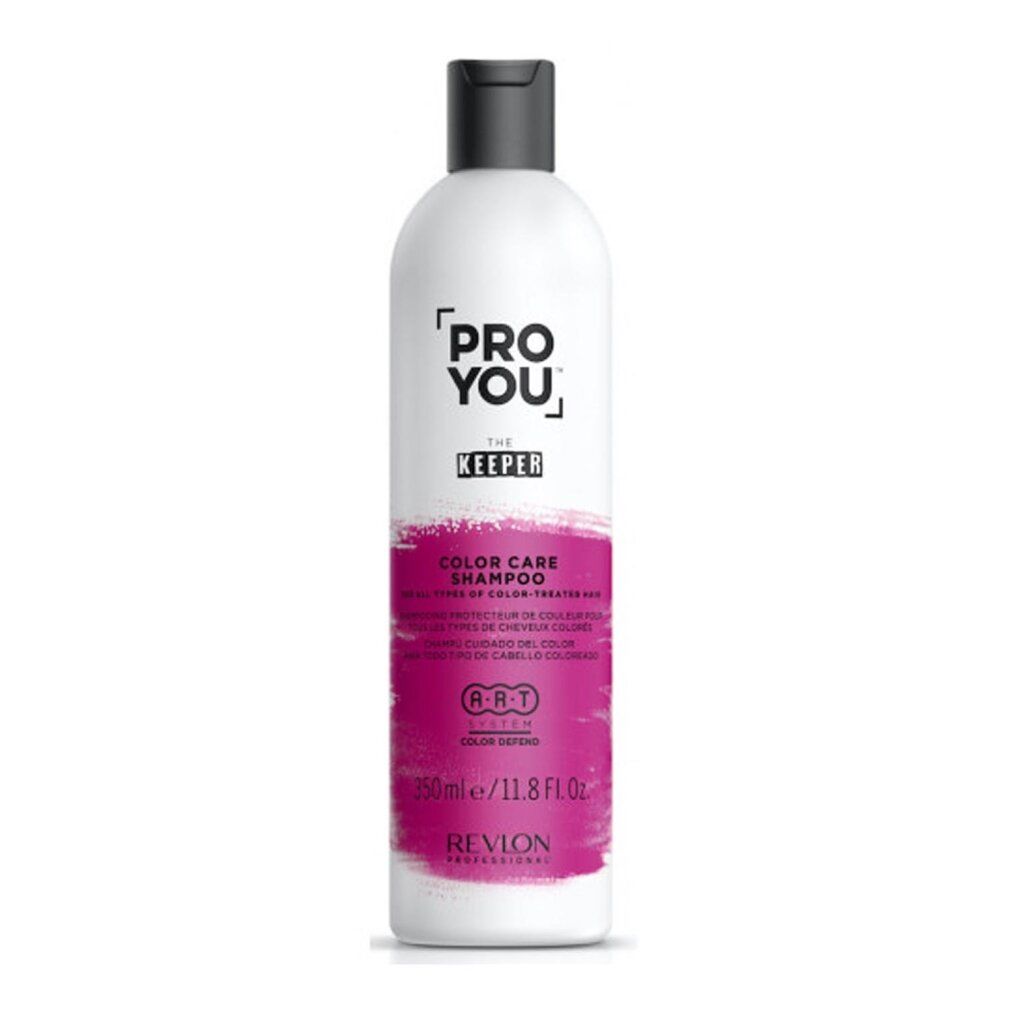 Flacone bianco, tappo nero. Fascia rosa con testo: PRO YOU, THE KEEPER, COLOR CARE SHAMPOO. 350ml/11.8 fl.oz. Revlon Professional.