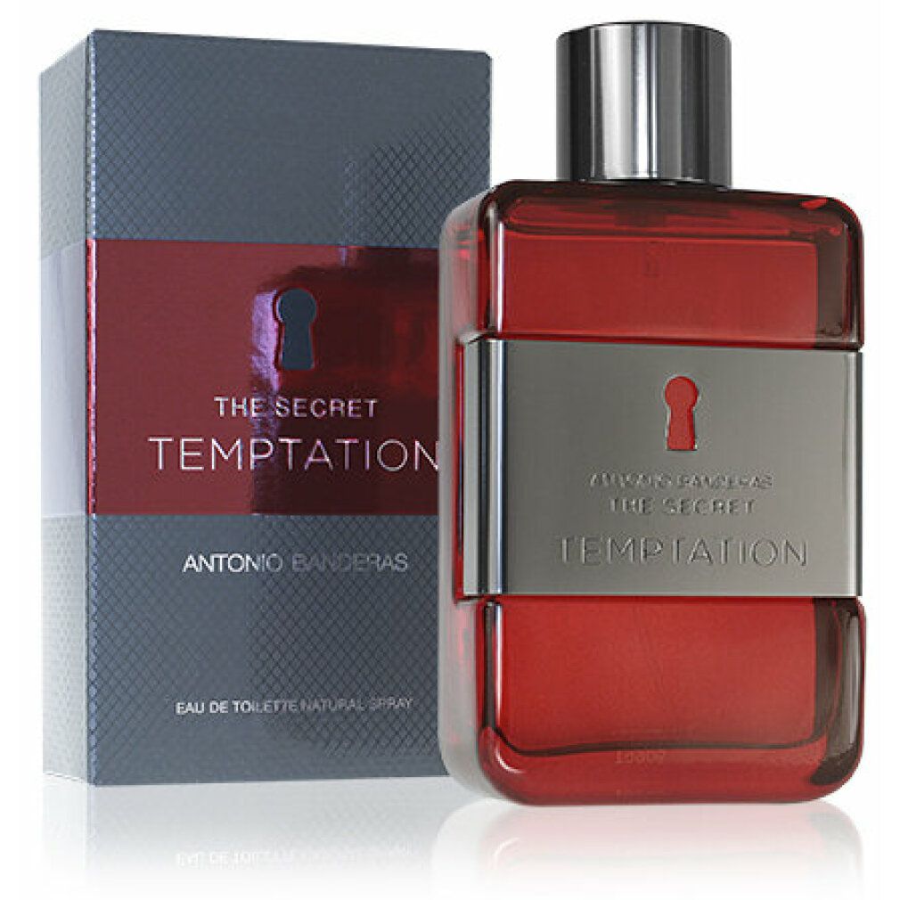 Flacone rosso e scatola. Scritta: THE SECRET TEMPTATION, Antonio Banderas. Eau de Toilette Natural Spray.