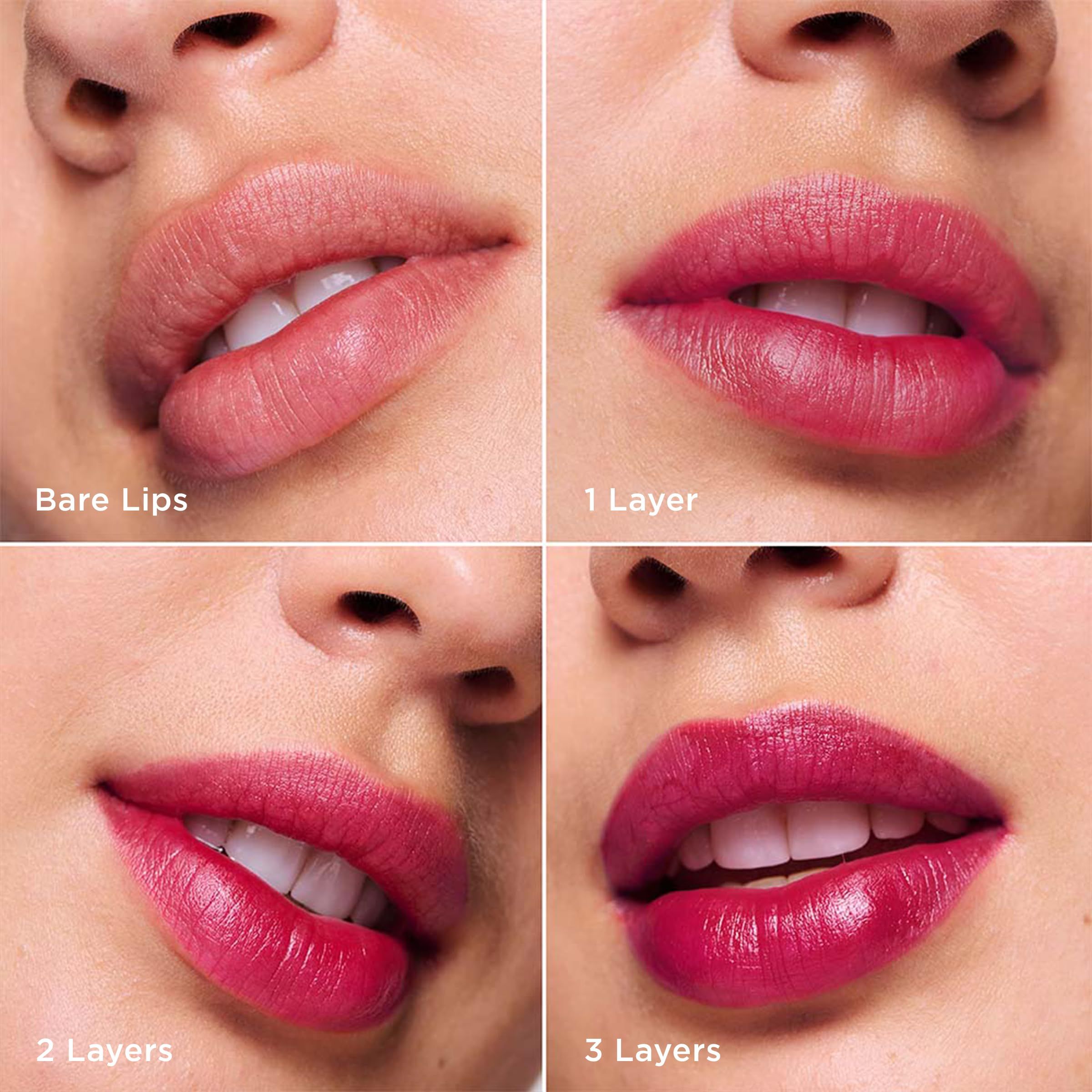 Quattro viste delle labbra. Bare Lips, 1 strato, 2 strati, 3 strati. Labbra in diverse tonalità di rosso.