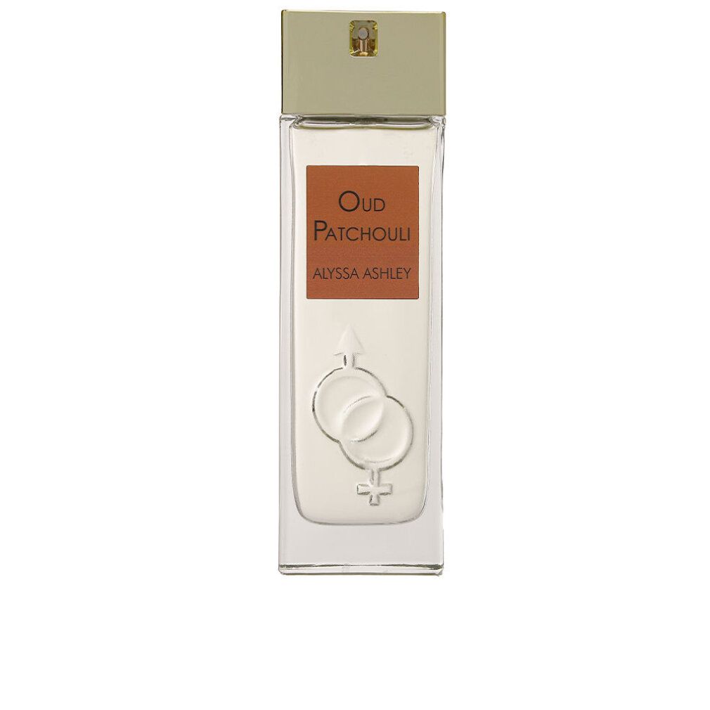 Flacone di profumo con etichetta marrone. Scritta: Oud Patchouli, Alyssa Ashley. Simbolo di genere. Tappo dorato.