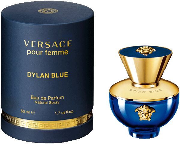 Flacone di profumo blu e scatola cilindrica. Scritta: VERSACE pour femme, DYLAN BLUE. Dettagli dorati. 50ml.