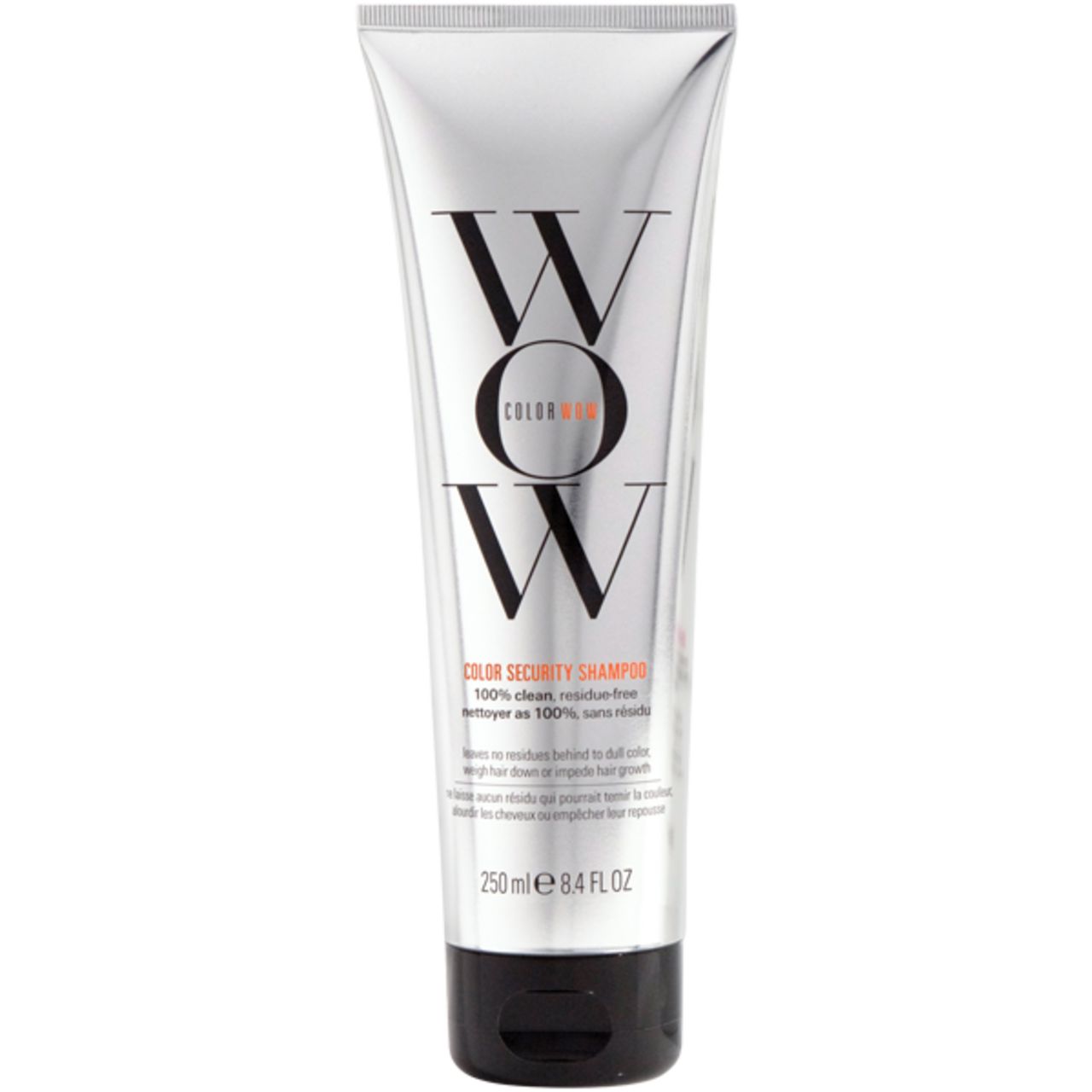 Tubo argentato con tappo nero. Scritta: WOW, Color Security Shampoo. Testo: 100% pulito, senza residui. 250ml/8.4 fl oz.