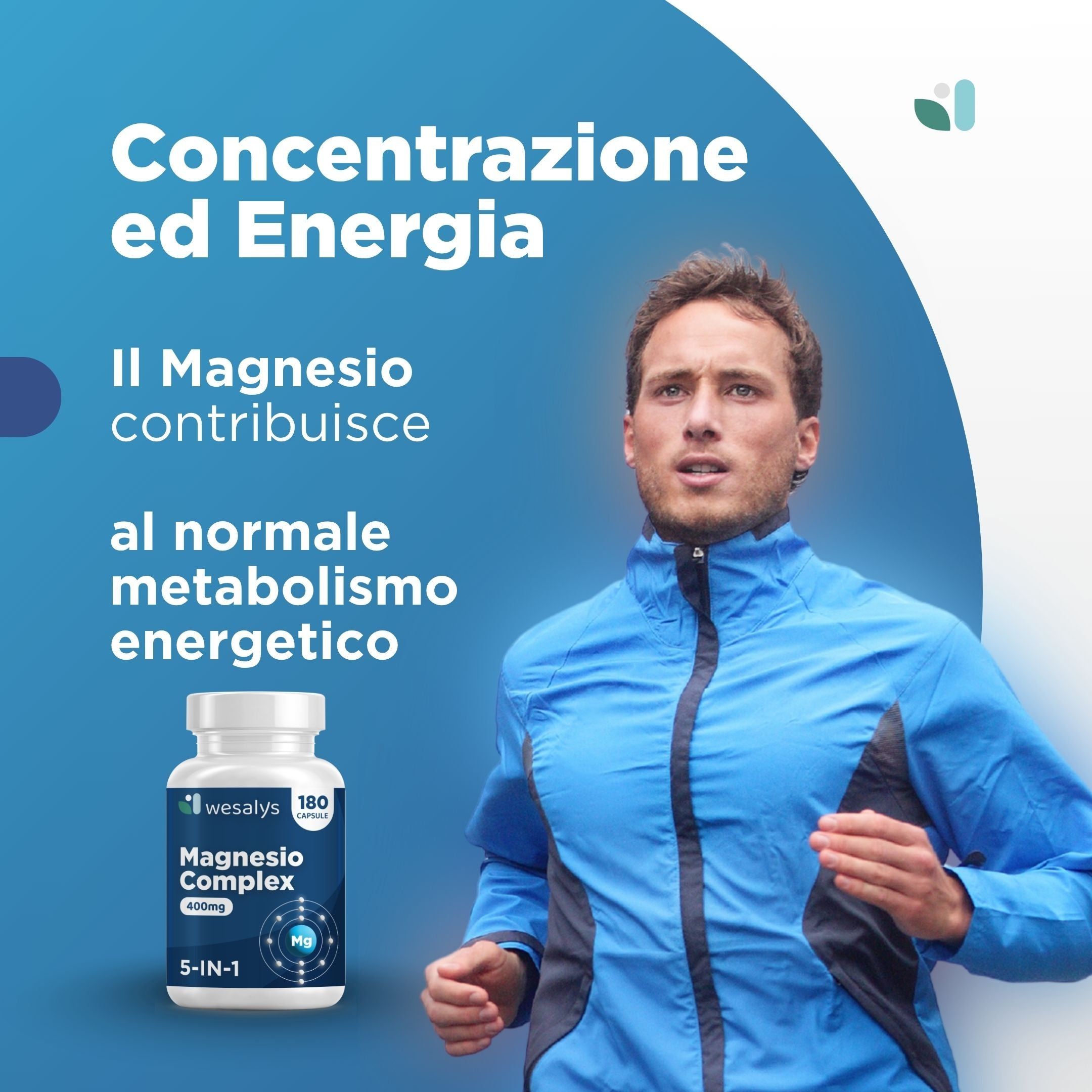 Uomo che fa jogging. Sullo sfondo, flacone di capsule. Scritta: Magnesio Complex, 180 capsule. Marchio: wesalys.